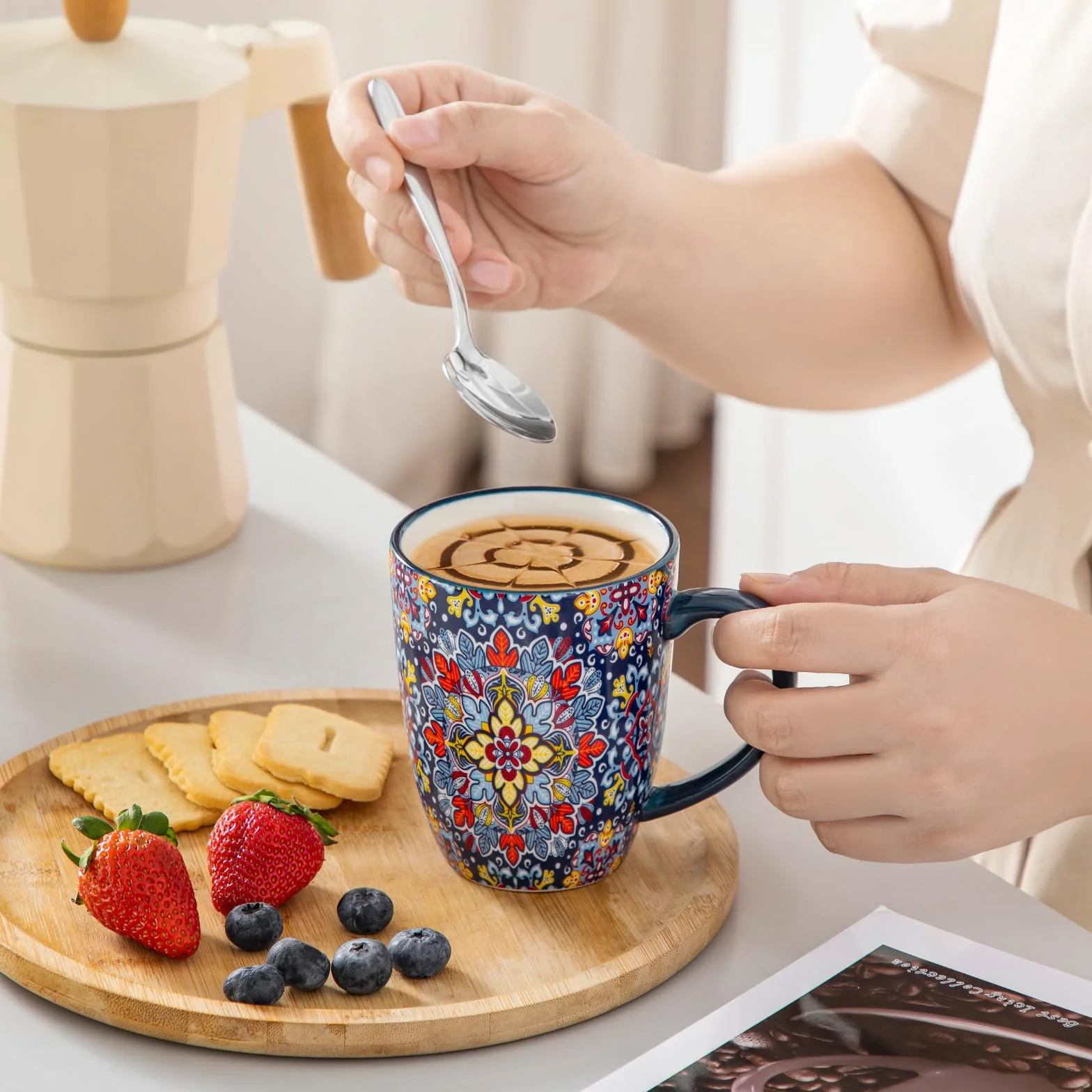 vancasso Zestaw filiżanek do kawy 6-częściowy, zestaw filiżanek SIMI z uchwytem, porcelanowe kubki do kawy 360 ml, czeskie filiżanki do herbaty, zestaw do kawy dla 6 osób