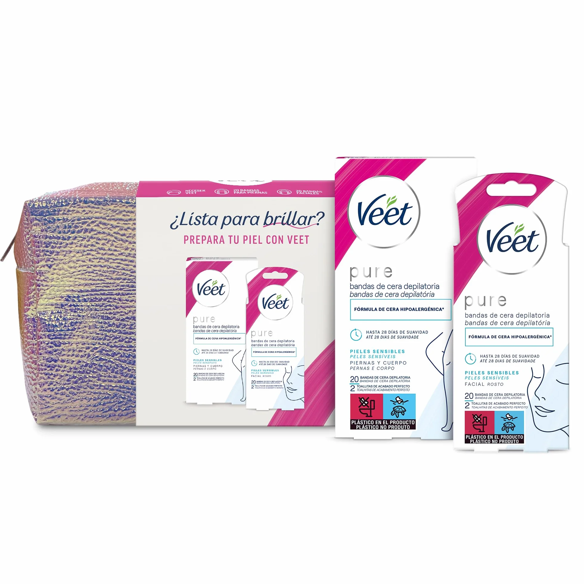 Veet Kosmetyczka do pielęgnacji ciała, w zestawie 20 pasm wosku do depilacji nóg i ciała oraz 20 opasek woskowych do depilacji twarzy
