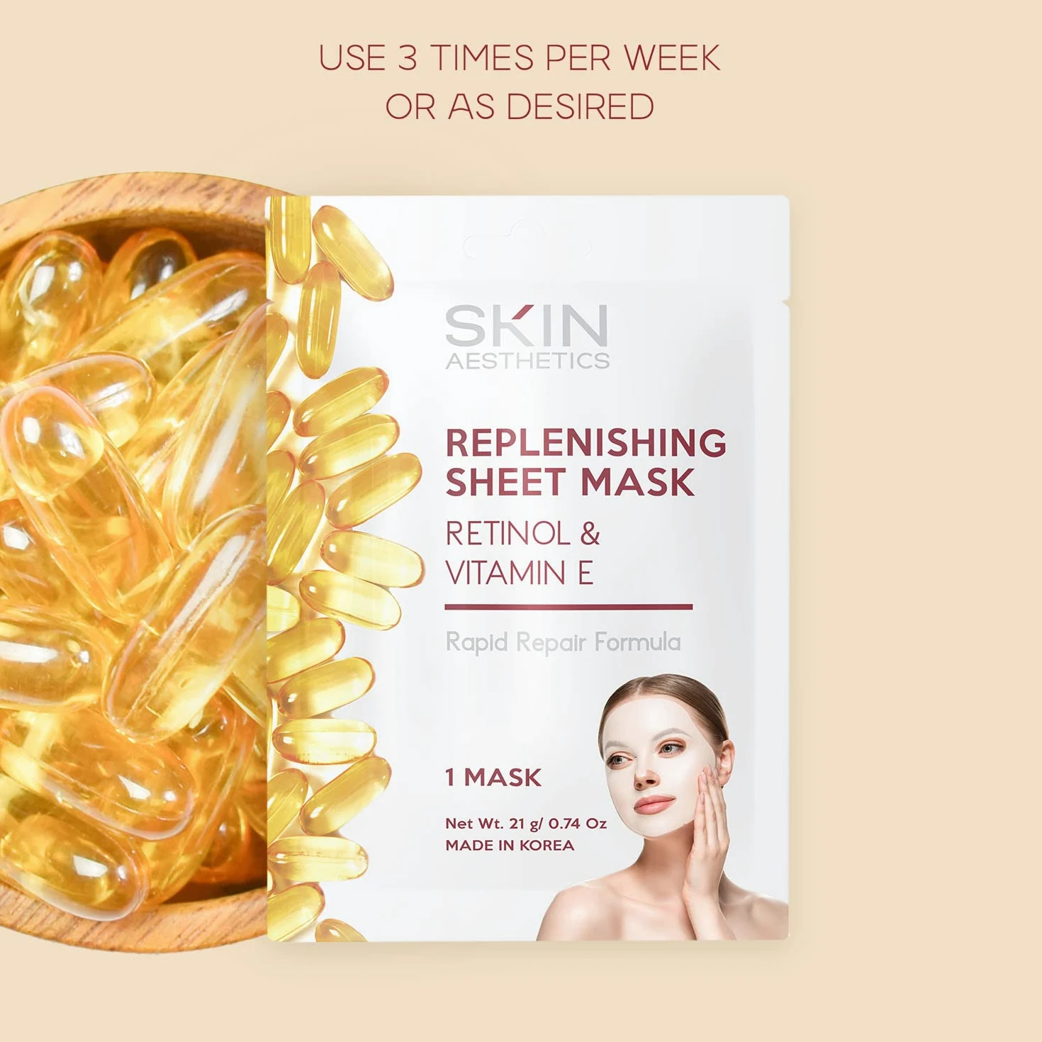 Skin Aesthetics Maska na twarz z retinolem i witaminą E, naprawia skórę, zmniejsza drobne linie i zmarszczki, przeciwstarzeniowa - przetestowana dermatolog koreańska pielęgnacja skóry - czyste piękno