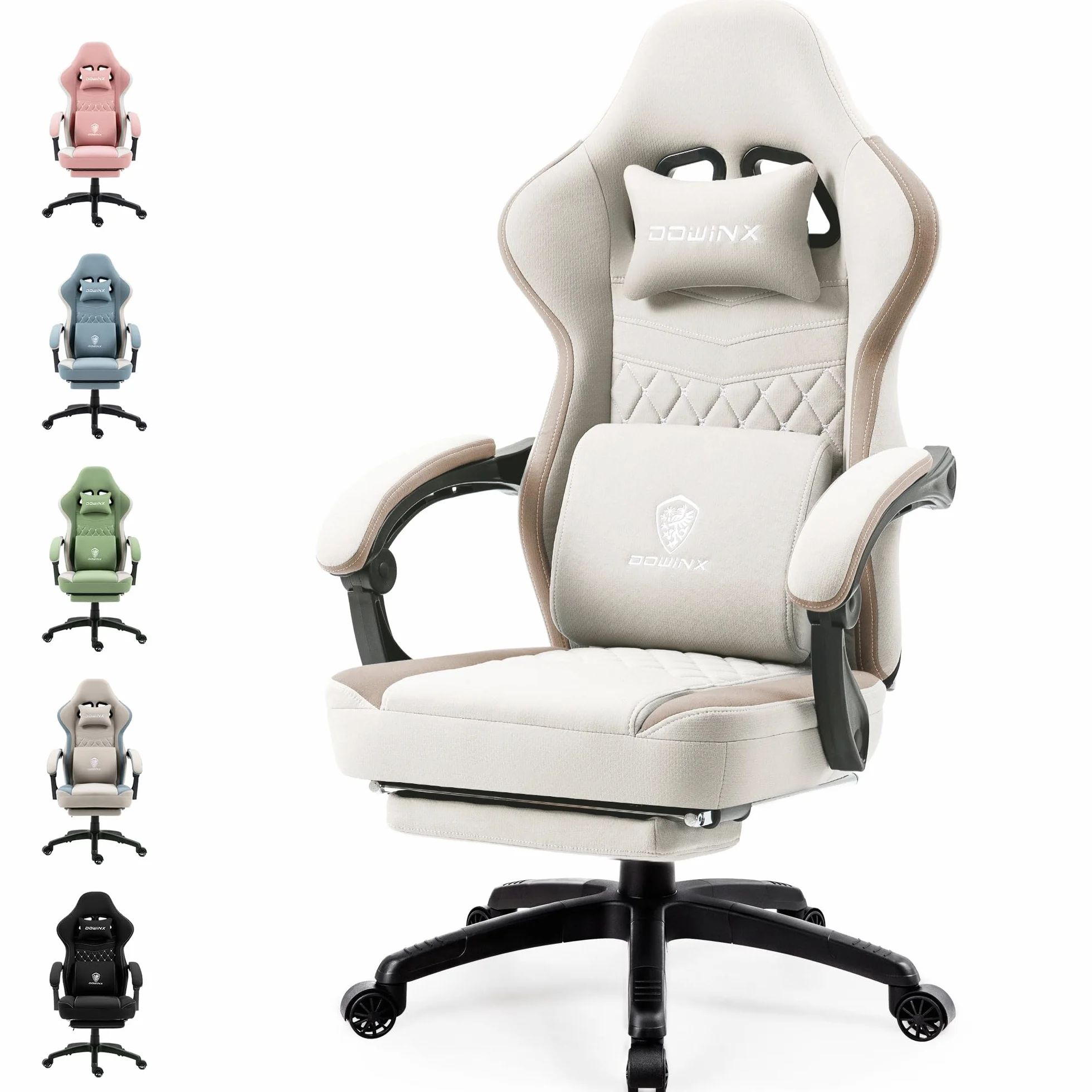 Dowinx fotel gamingowy z tkaniną, masażer do gier z podnóżkiem, ergonomiczny fotel komputerowy dla graczy, fotel biurowy, wytrzymałość 150 kg, kolor beżowy
