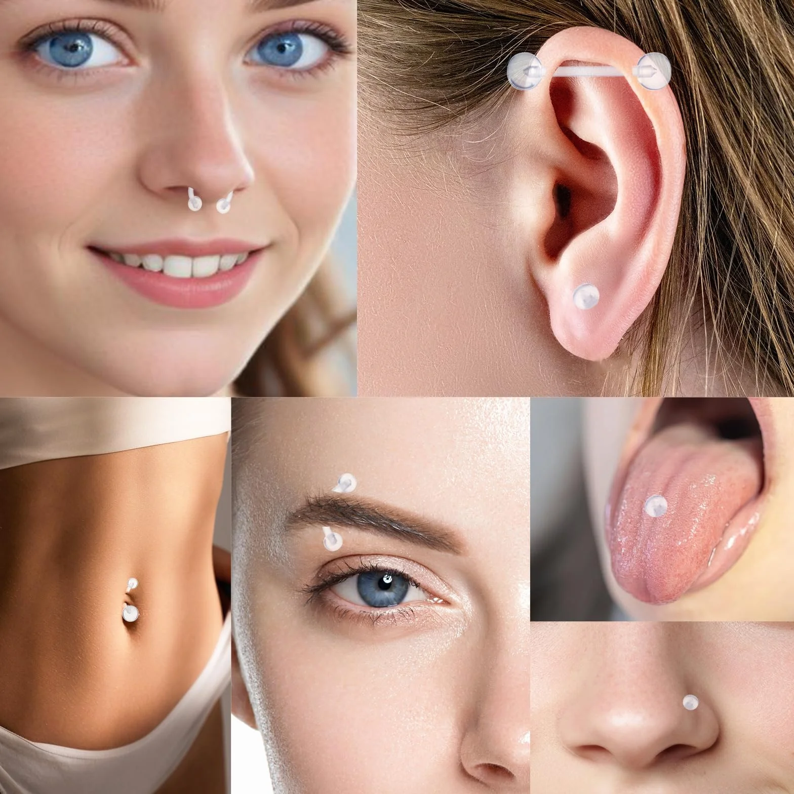Yolev Zestaw 55 przezroczystych uchwytów do piercingu – przegrody nosowej, elastycznej wargi, ucha, nosa, języka, sutka, chrząstki i sztangi przemysłowej z tworzywa sztucznego
