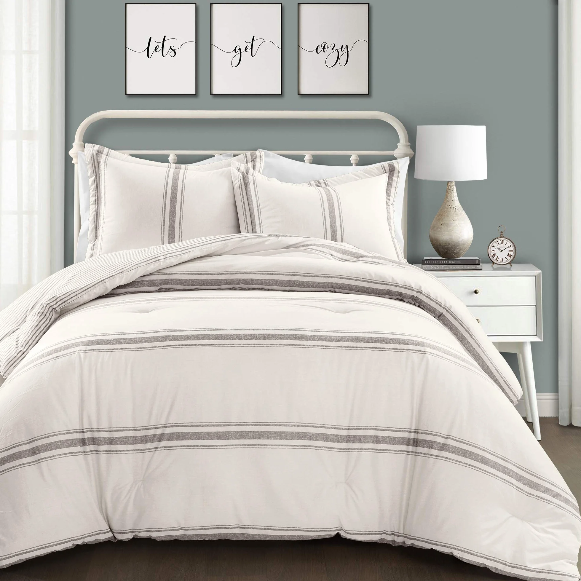 Lush Decor Wiejski zestaw dwustronnych bawełnianych kołder w paski, 3-częściowy zestaw, pełny/queen, szary - przytulny zestaw pościeli do domu - rustykalny wystrój - kołdra w paski - nowoczesna