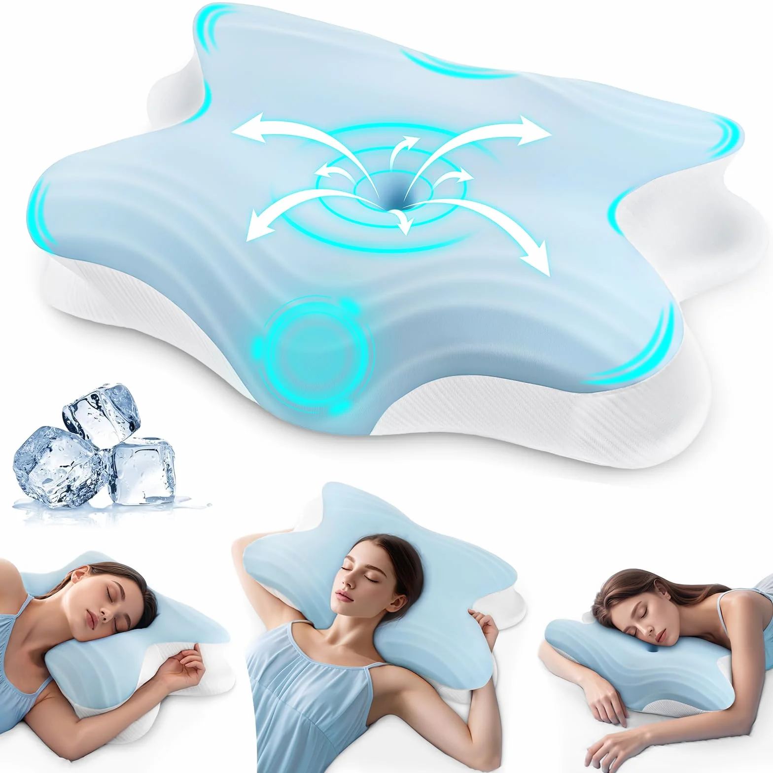 Ergonomiczna poduszka pod kark, 2 w 1 Ortopedyczna poduszka z pianki memory, Poduszka podpierająca kark, dla osób śpiących na plecach, na boku i na brzuchu (Błękit nieba, 62cm x 42cm x 13/11cm)