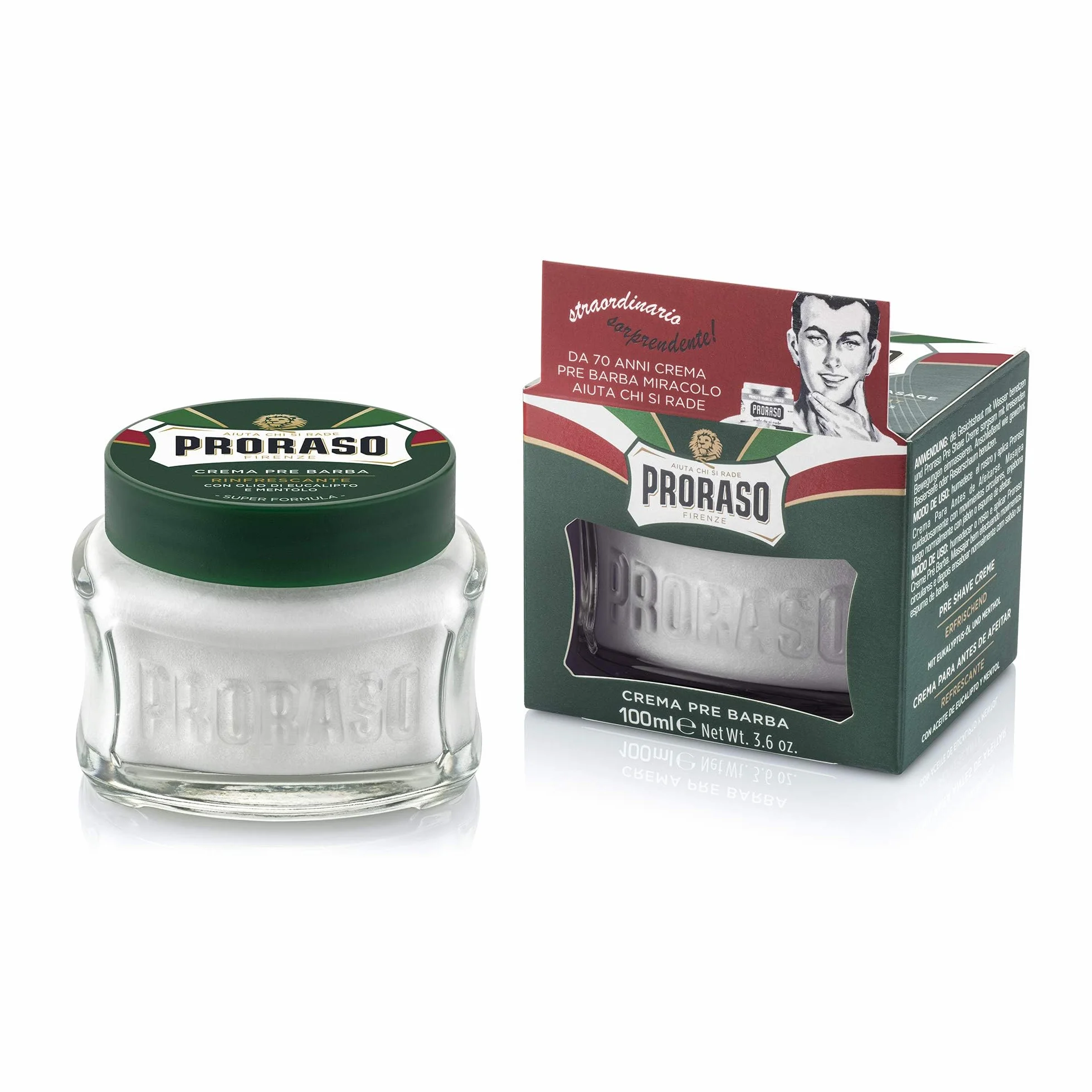 Proraso Pre Shave Cream, 100 ml, odświeżający i ożywiający krem do golenia do stosowania przed goleniem, z olejkiem eukaliptusowym i mentolem, wyprodukowano we Włoszech, zielony