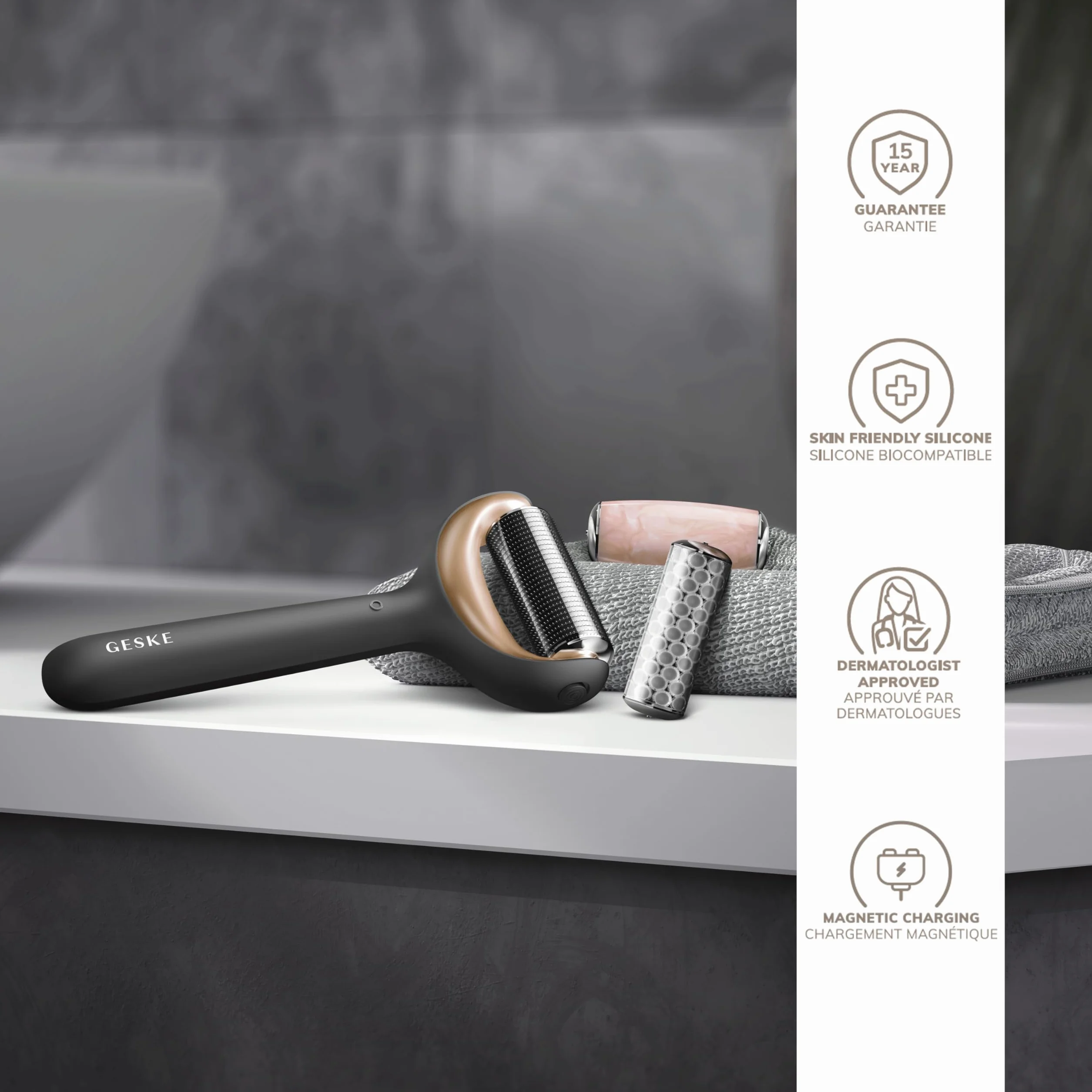 GESKE | Roller do twarzy i ciała z mikroigłami SmartAppGuided™ | 9 w 1 | Derma Roller | z kwarcem różowym | Elektryczny roller | mikronakłuwanie | Urządzenie do mikronakłuwania | wałek igłowy