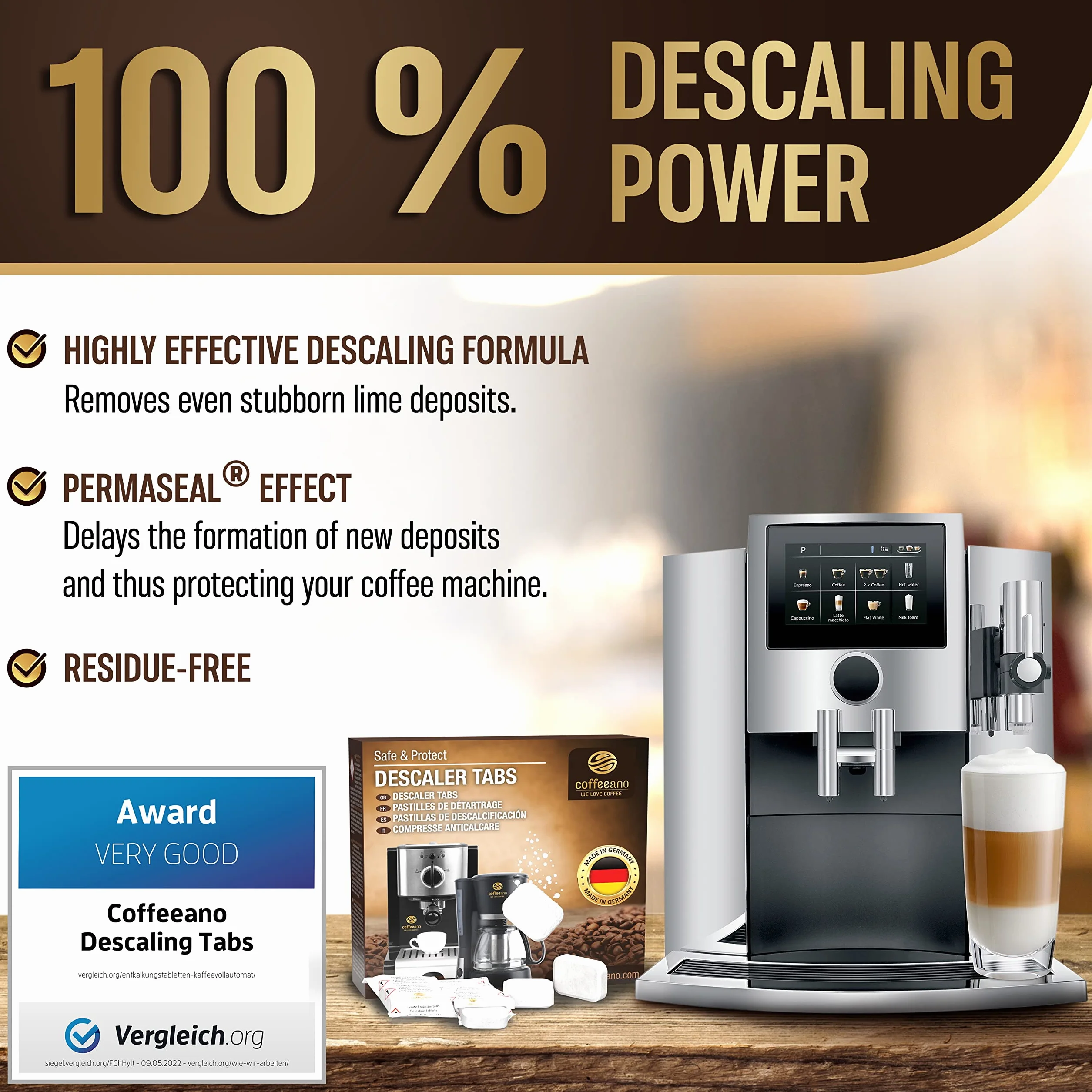 Coffeeano 50 tabletek odkamieniających XL do ekspresów do kawy kompatybilne z Jura, Siemens, Krups, Bosch, Miele, Melitta, WMF