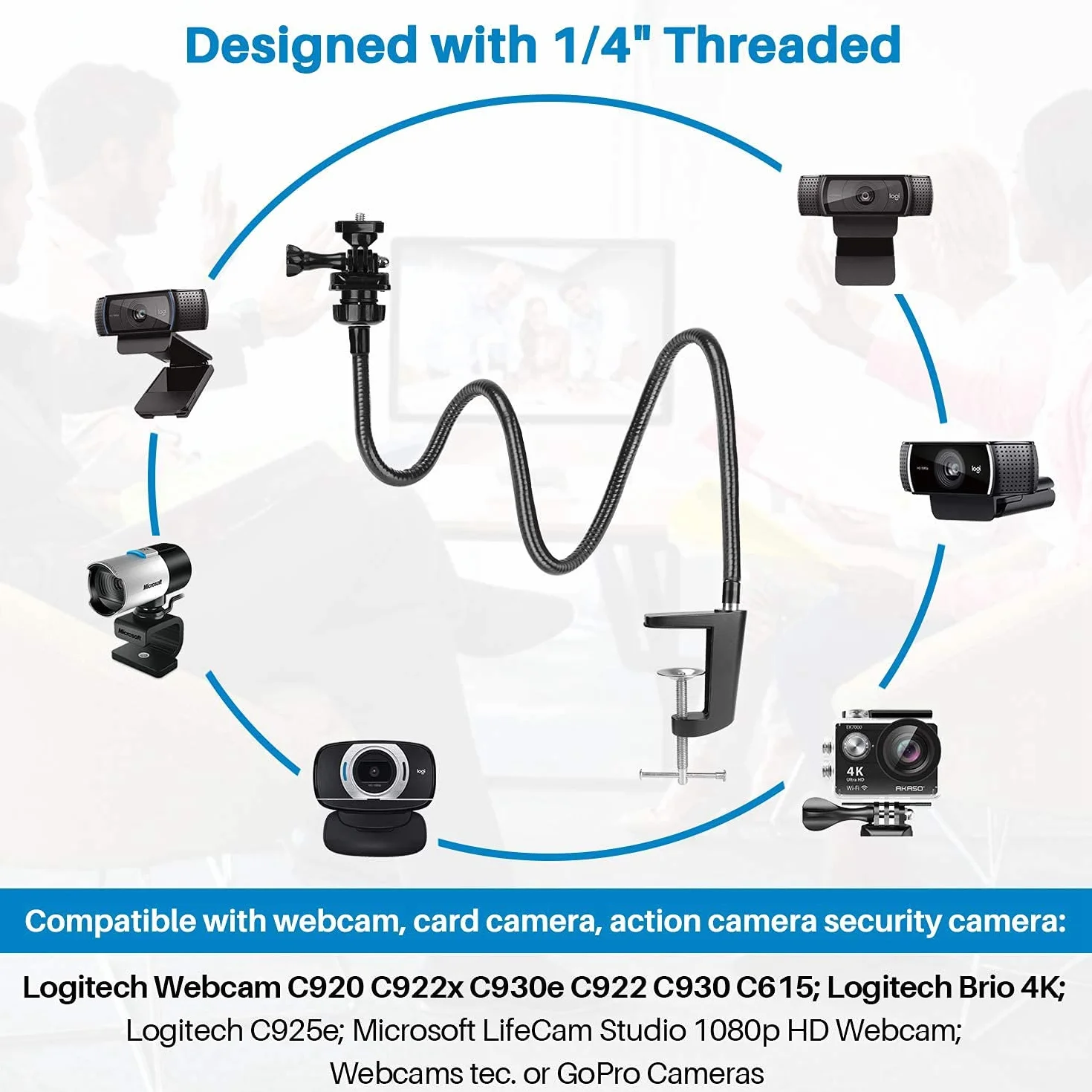 Webcam Stand, Upgraded Webcam Mount Stand with Flexible Gooseneck Arm and Clamp, Suit for Webcam C920,C922,C930