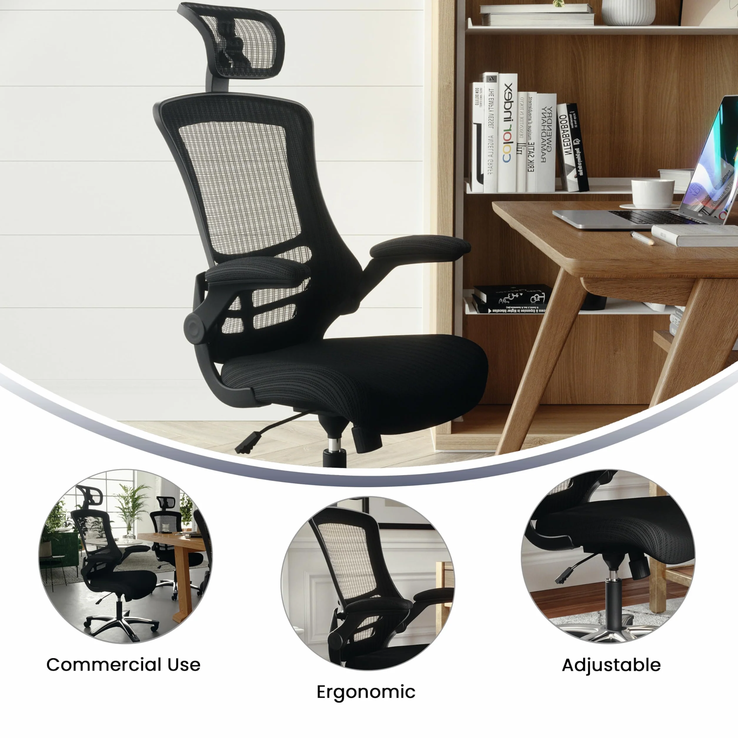 Ergonomiczne, obrotowe krzesło biurowe z wysokim oparciem z siatki, podnoszonymi podłokietnikami i regulowanym zagłówkiem (czarne)