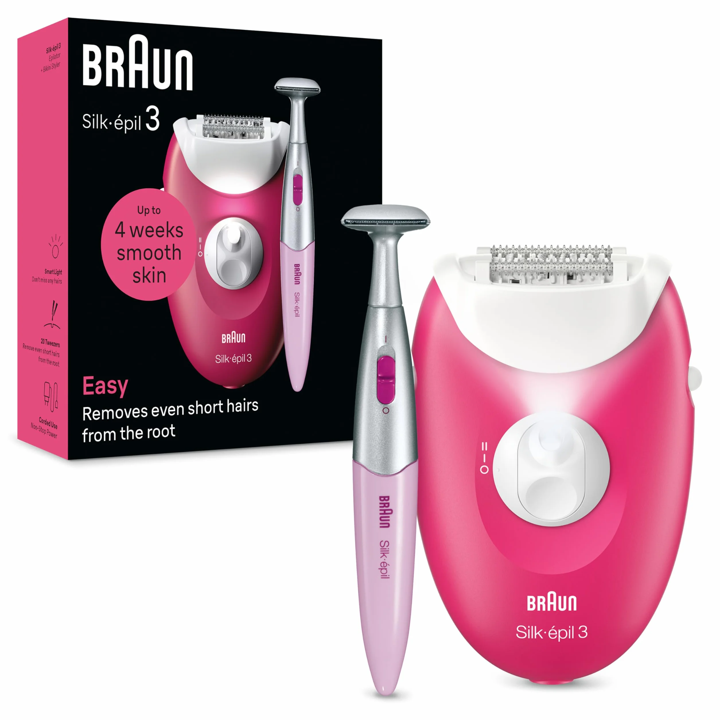 Braun Silk-épil 3, przewodowy depilator damski do usuwania włosów, nasadki do golarki, trymera i masażu ciała, 3-202, malinowy