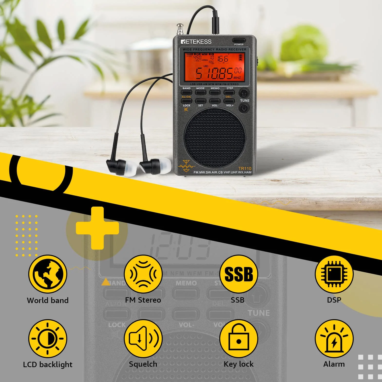 Retekess TR110 Przenośne Mini Radio, FM MW SW SSB Air Band World Odbiera Radio, FM Stereo, Wyłącznik Czasowy, Antena Zewnętrzna, do Użytku na Zewnątrz