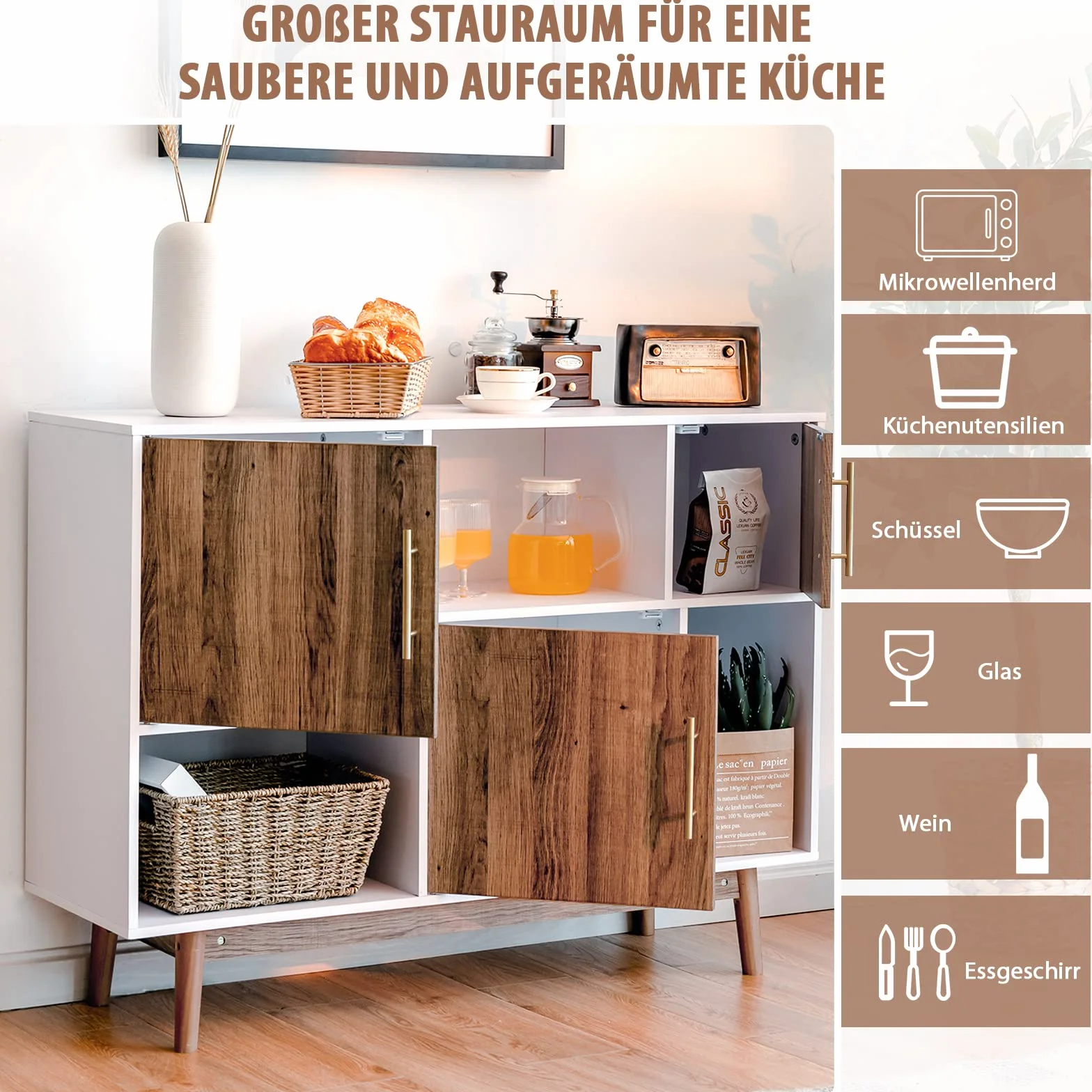 COSTWAY Kredens z drewna sosnowego, szafka bufetowa z 3 drzwiami, 6 półkami, biała + naturalna