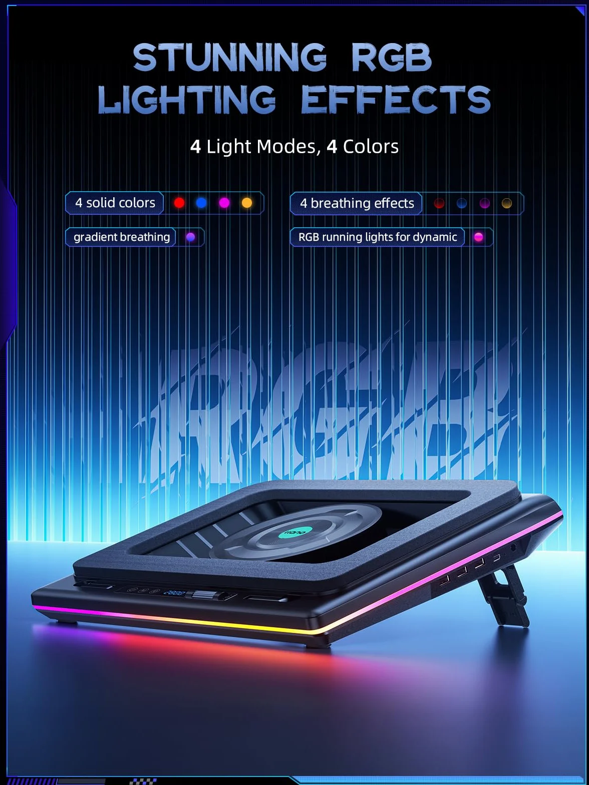 Llano Podkładka chłodząca RGB do laptopa z bezstopniowym sterowaniem dotykowym i podkładką pod myszkę 3-portowym USB bardzo dużym wydajnym wentylatorem turbo, pianką uszczelniającą do laptopów 15-19''