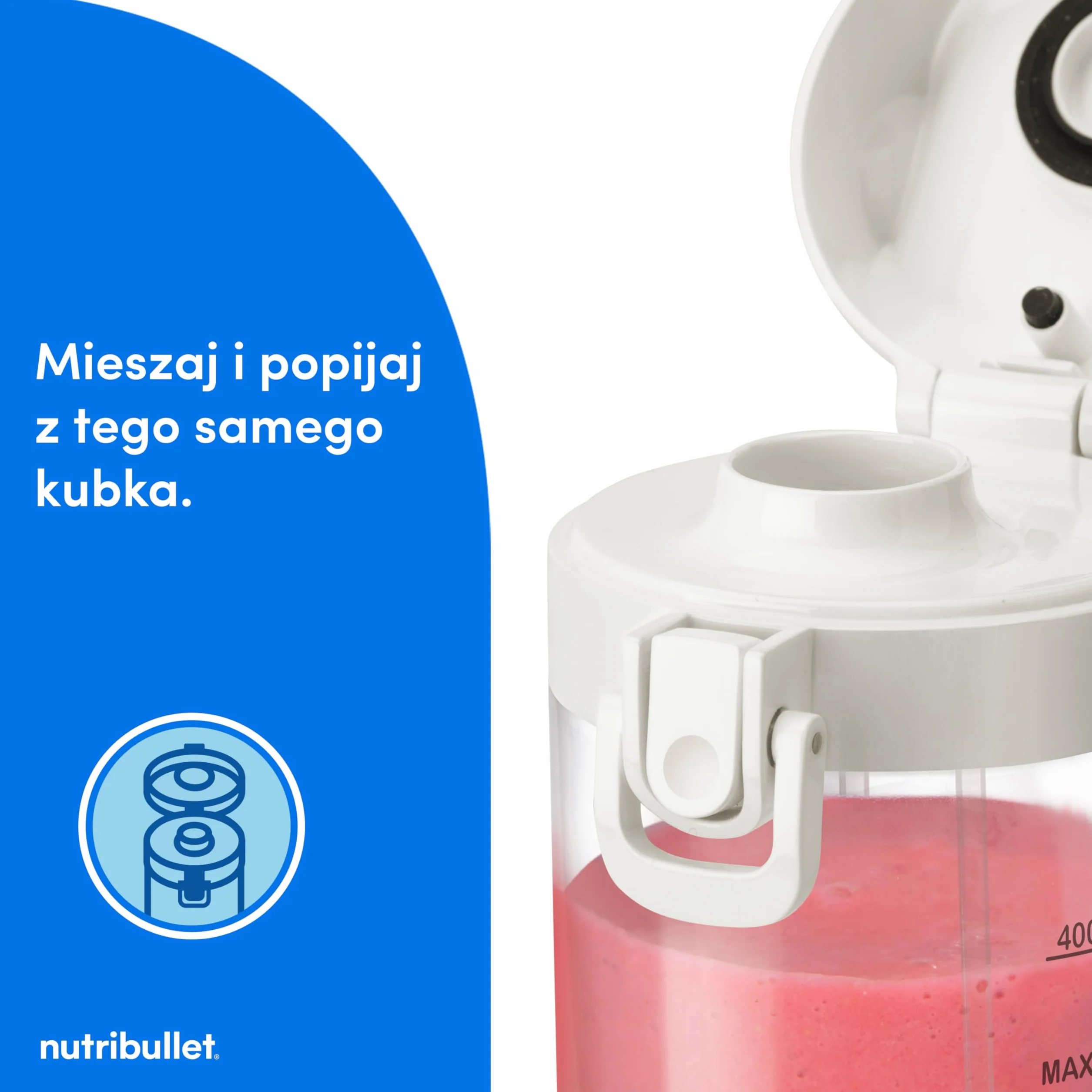 Nutribullet Lekki Przenośny Blender, 475 ml bez BPA Tritan, Mini Blender, 4-Stronne Ostrze ze Stali Nierdzewnej, Wielofunkcyjny, Ładowarka USB-C, ponad 15 Cykli Mieszania, Biały, NBP003W