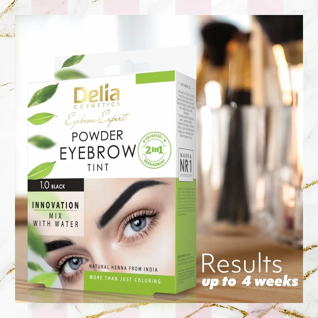 Delia Cosmetics - Farba Pudrowa - CZARNA - Henna do Brwi - Wystarczy Zmieszać z Wodą - Trwałość do 4 Tygodni – 20 Łatwych Aplikacji – Podkreśla, Pogrubia, Przyciemnia i Zagęszcza Brwi