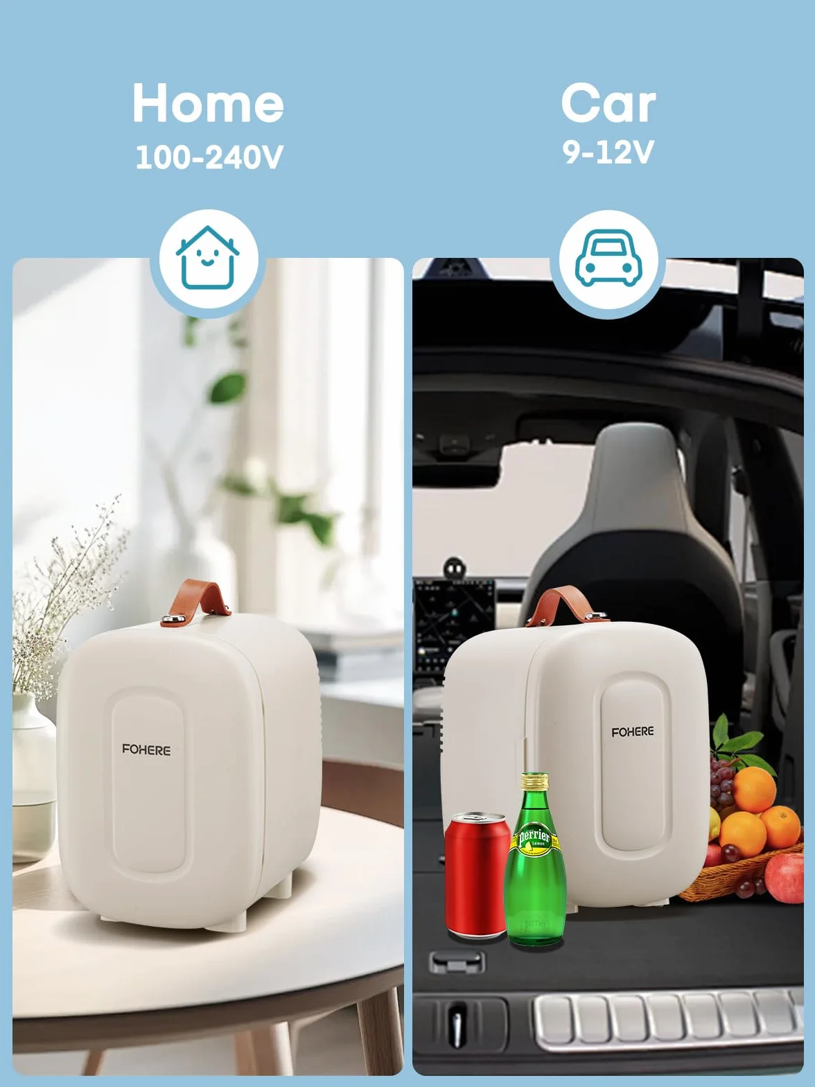 FOHERE Mini lodówka 5 litrów / 6 puszek, 220V AC / 12V DC, Tryb cichy, przenośny i kompaktowy, minilodówka na napoje i kosmetyki do sypialni, samochodu, akademika, biurka, biała