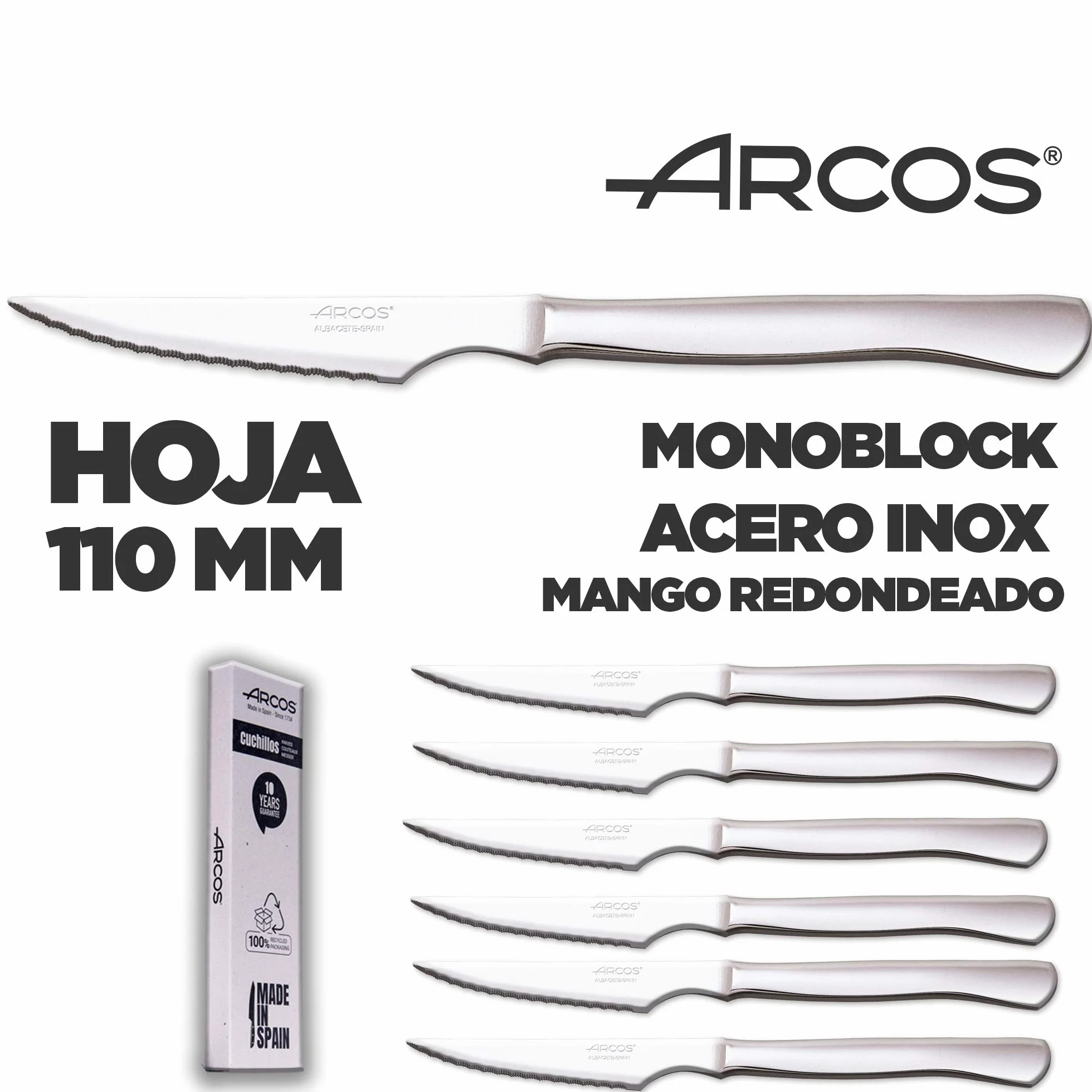 Arcos zestaw noży do mięsa 6 sztuk, noże do steków, stal nierdzewna, ostrze 110 mm, uchwyt monoblokowy