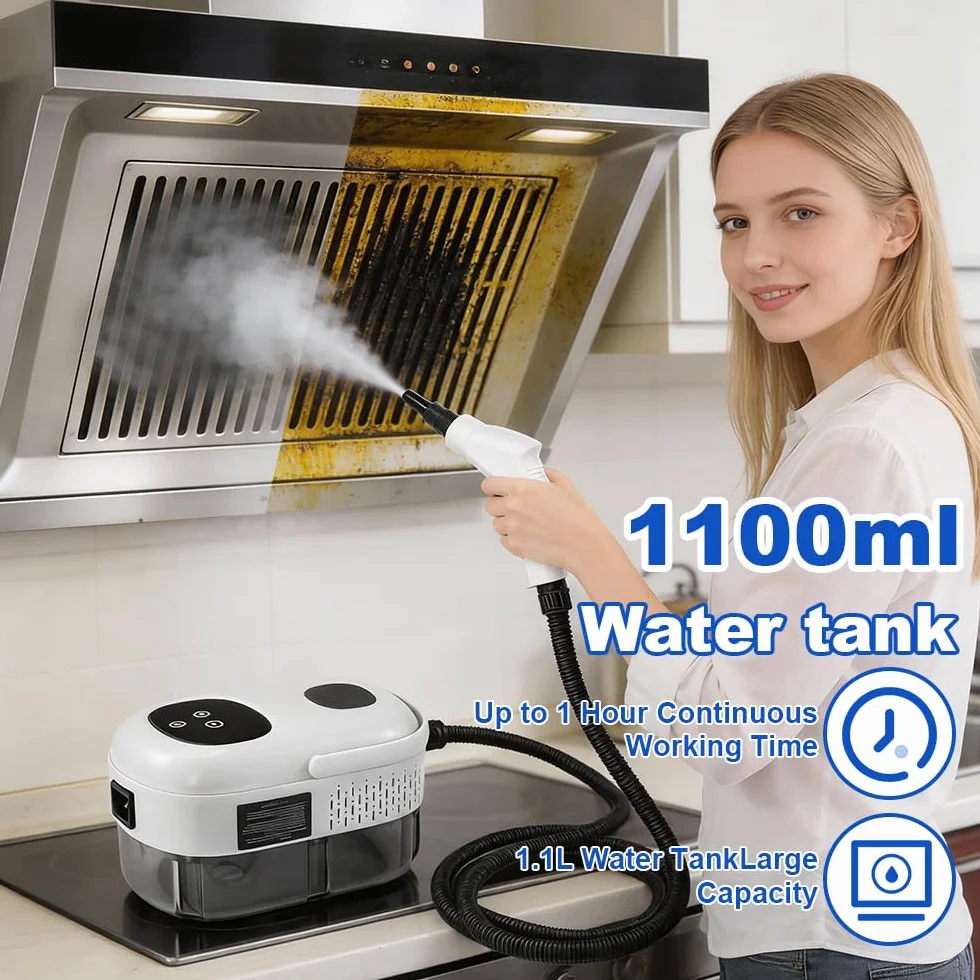 Przenośna myjka parowa 2500 W, ręczna ze zbiornikiem 1100 ml i 3 głowicami szczotkowymi do kuchni, łazienki, samochodu