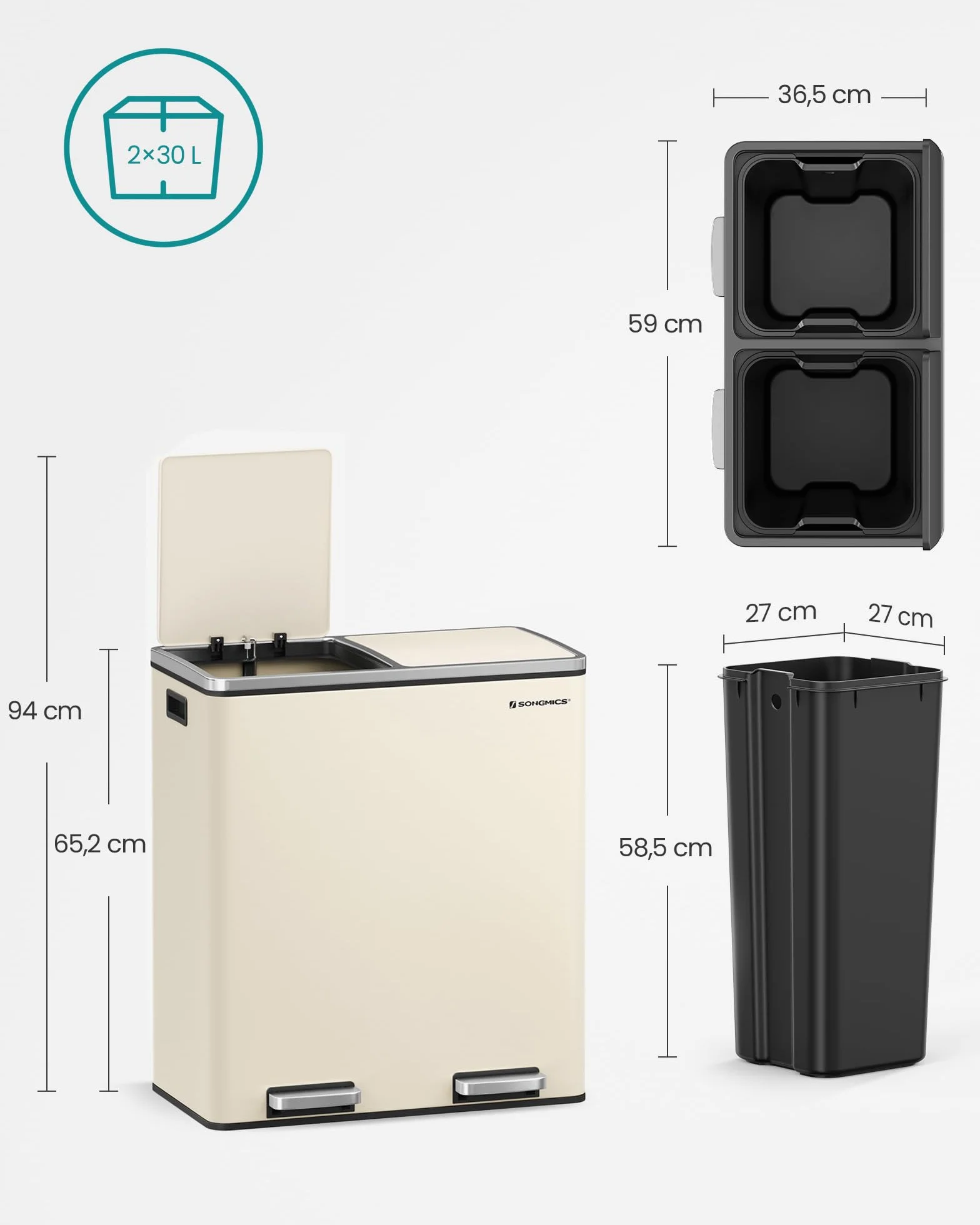SONGMICS Kosz na śmieci z podwójną komorą 2 x 30 l, metalowe pedały, miękki zamknięcie, hermetyczny, kremowy