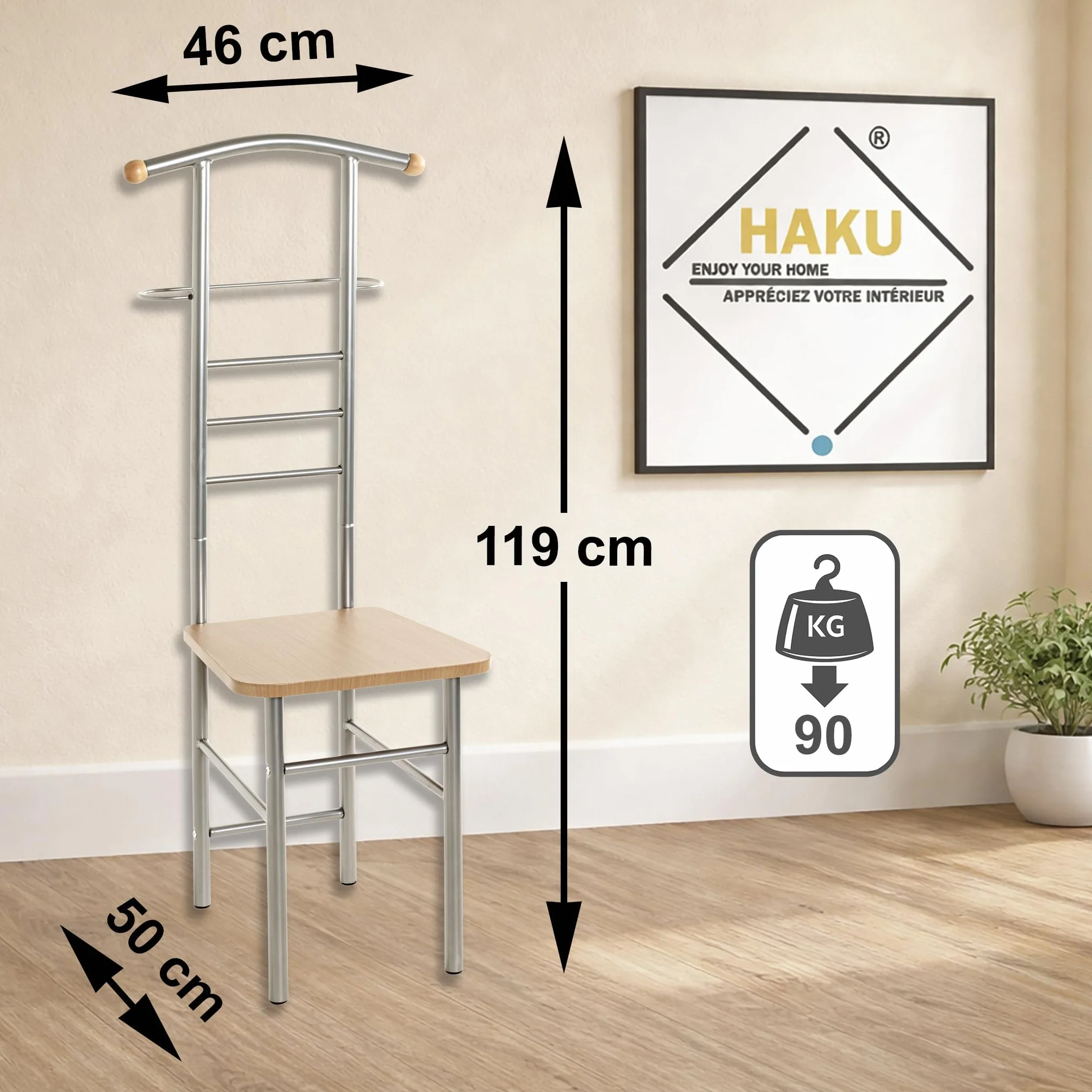 HAKU wieszak na ubrania z siedziskiem aluminium buk MDF metal 46x119x50 cm nowoczesny