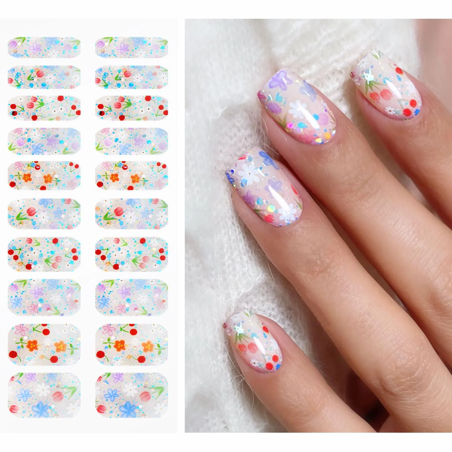 JMEOWIO Naklejki żelowe do paznokci Kolorowy kwiat Brokat Częściowo utwardzone żelowe paski/owijki do paznokci Materiały UV/LED Nail Art Zdobienie paznokci Akcesoria dekoracyjne