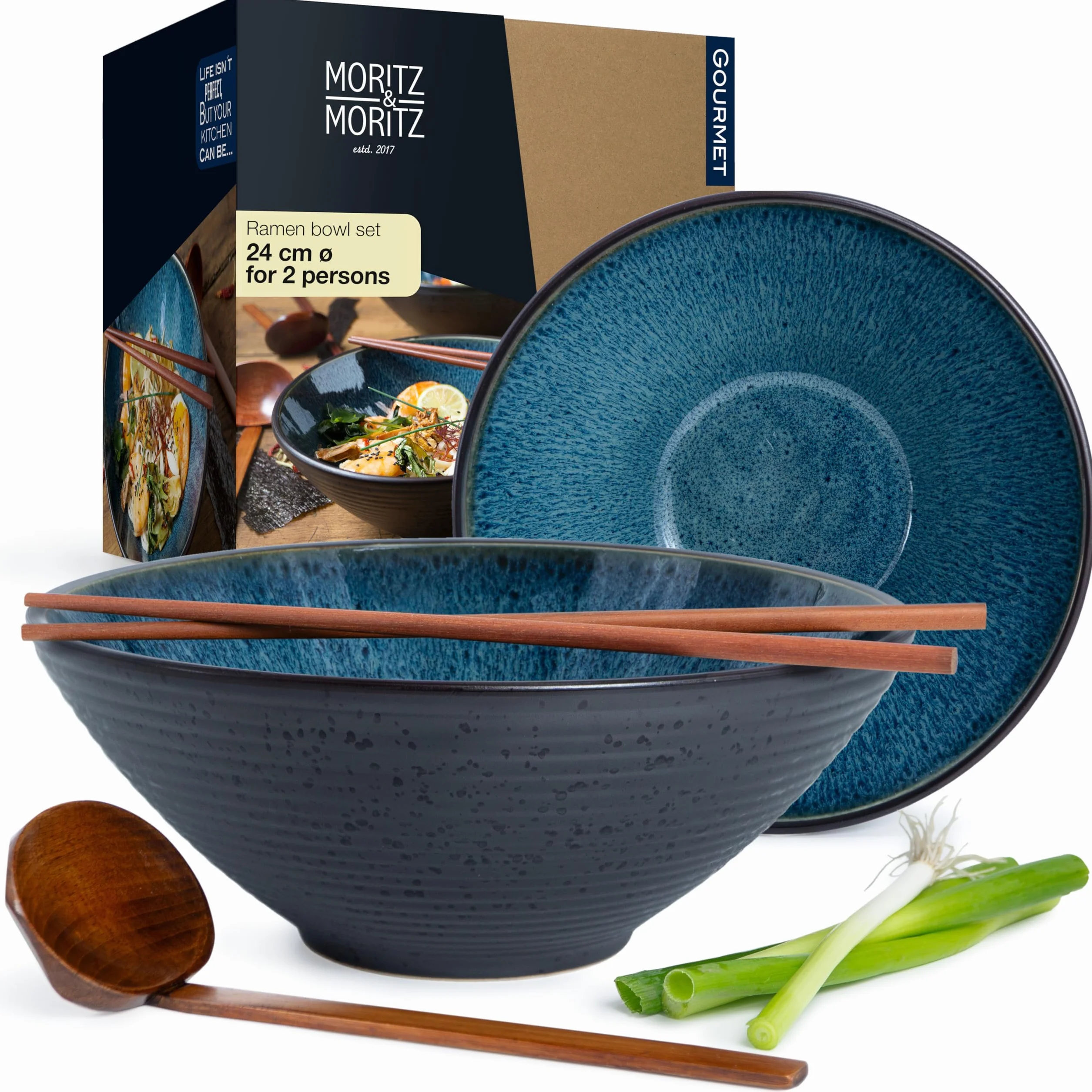Moritz & Moritz SOLID Ceramiczna Miska Ramen 800-1300 ml Ø 24 cm Niebieski Zestaw dla 2 Osób z Pałeczkami i Łyżeczką