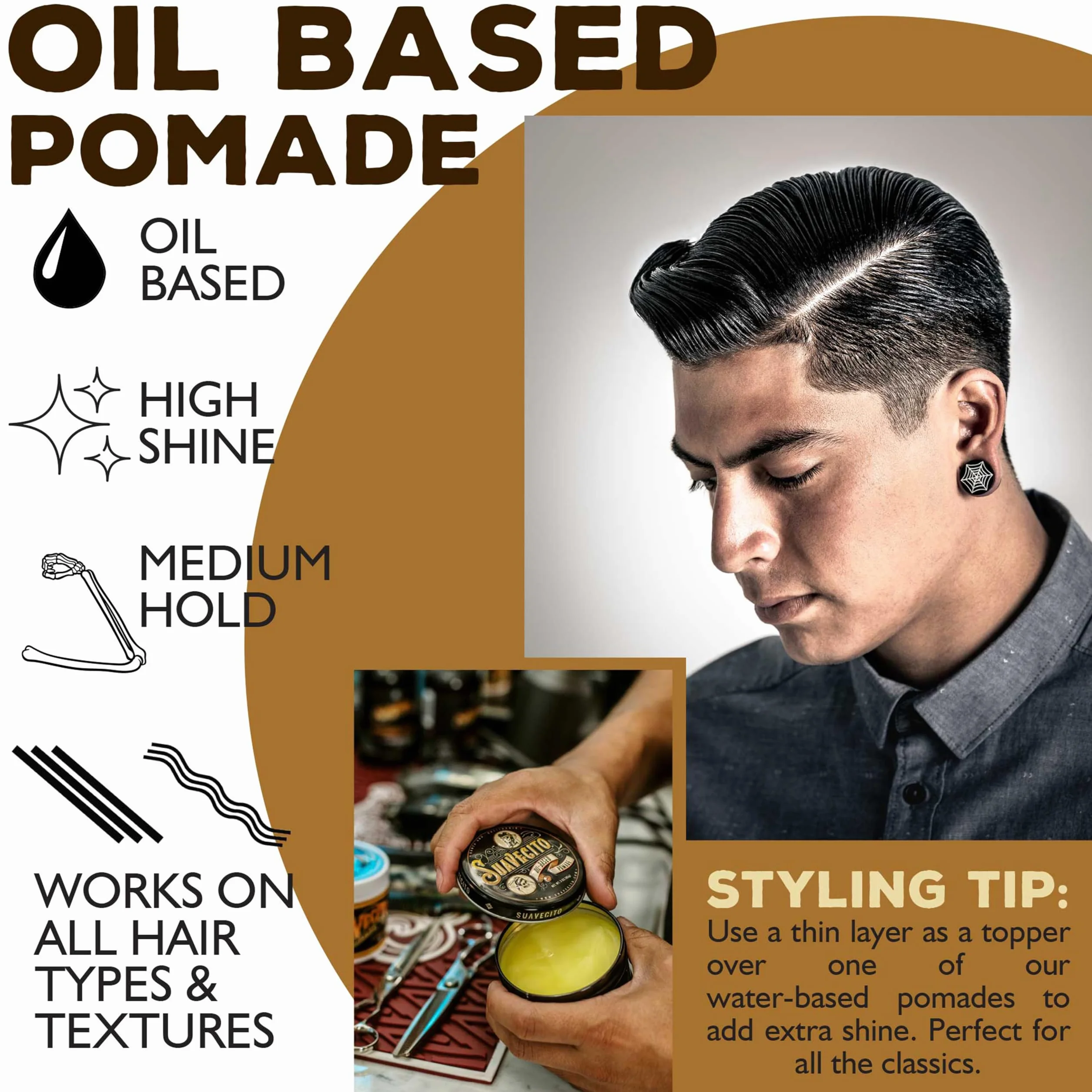 Suavecito Oil Based Pomade, Healthy Shine Long Lasting Hold, Medium Hold & Shine, Perfect For Any Hair Type, 3oz/85g