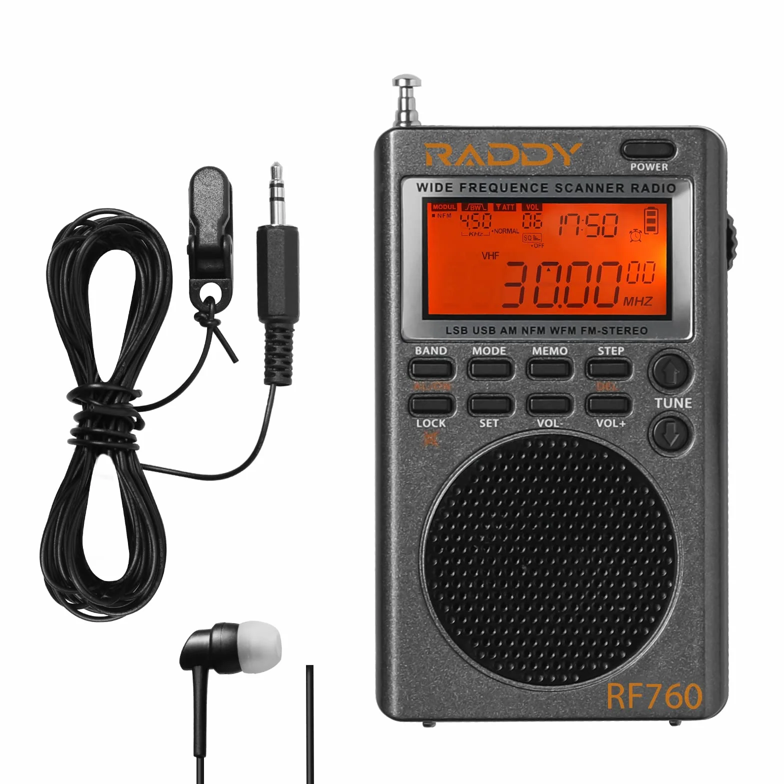 Raddy RF760 szerokopasmowe radio krótkofalowe, wielopasmowe radio FM/AM/SW/CB/VHF(UHF)/WX/Air, cyfrowe radio z możliwością ładowania z gniazdem słuchawkowym, 3 m antena druciana