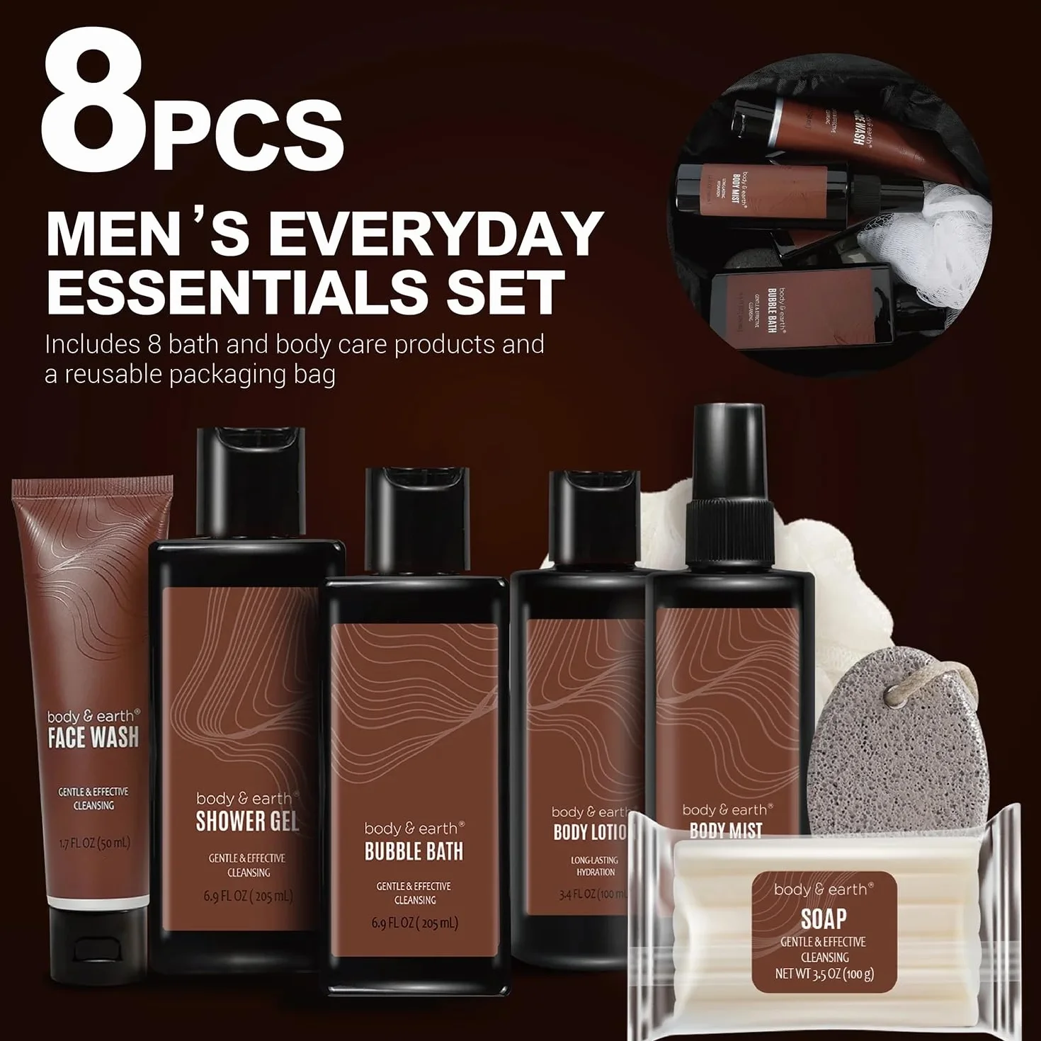Zestaw upominkowy do kąpieli dla mężczyzn BODY & EARTH - 8 sztuk Sandelwood cytrusowy,żel pod prysznic,Kąpiel bąbelkowa,Szampon,Mycie twarzy,Peeling ciała,Prezenty dla mężczyzn,Prezenty na Dzień Ojca