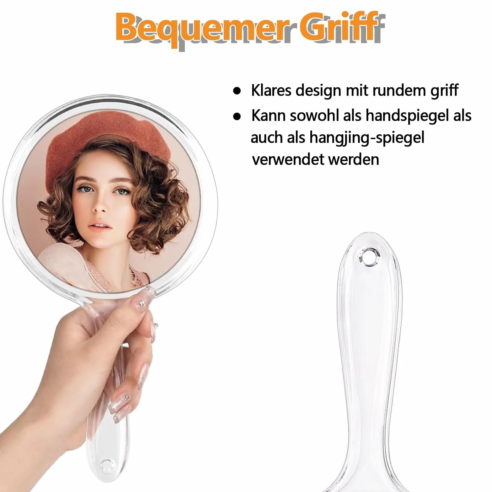 Dwustronne lusterko ręczne, 27 cm, lusterko kosmetyczne, ręczne z uchwytem, powiększenie 1x/ 3x, do codziennego makijażu dla kobiet (przezroczyste)