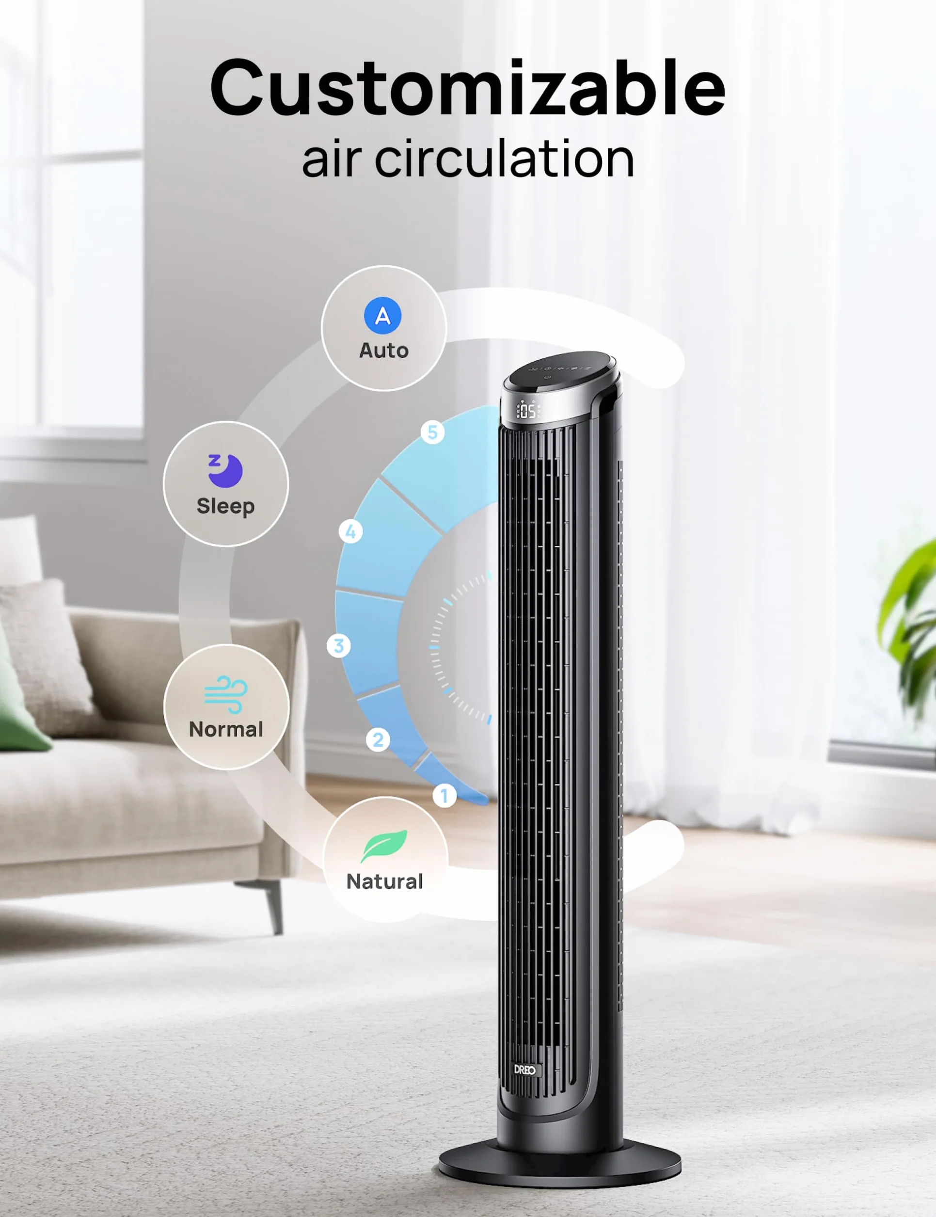 Dreo torenventilator met afstandsbediening 28dB 7,9 m/s 90° oscyllerend stille koeling 3 modi 12 uur timer LED vloer ventilator