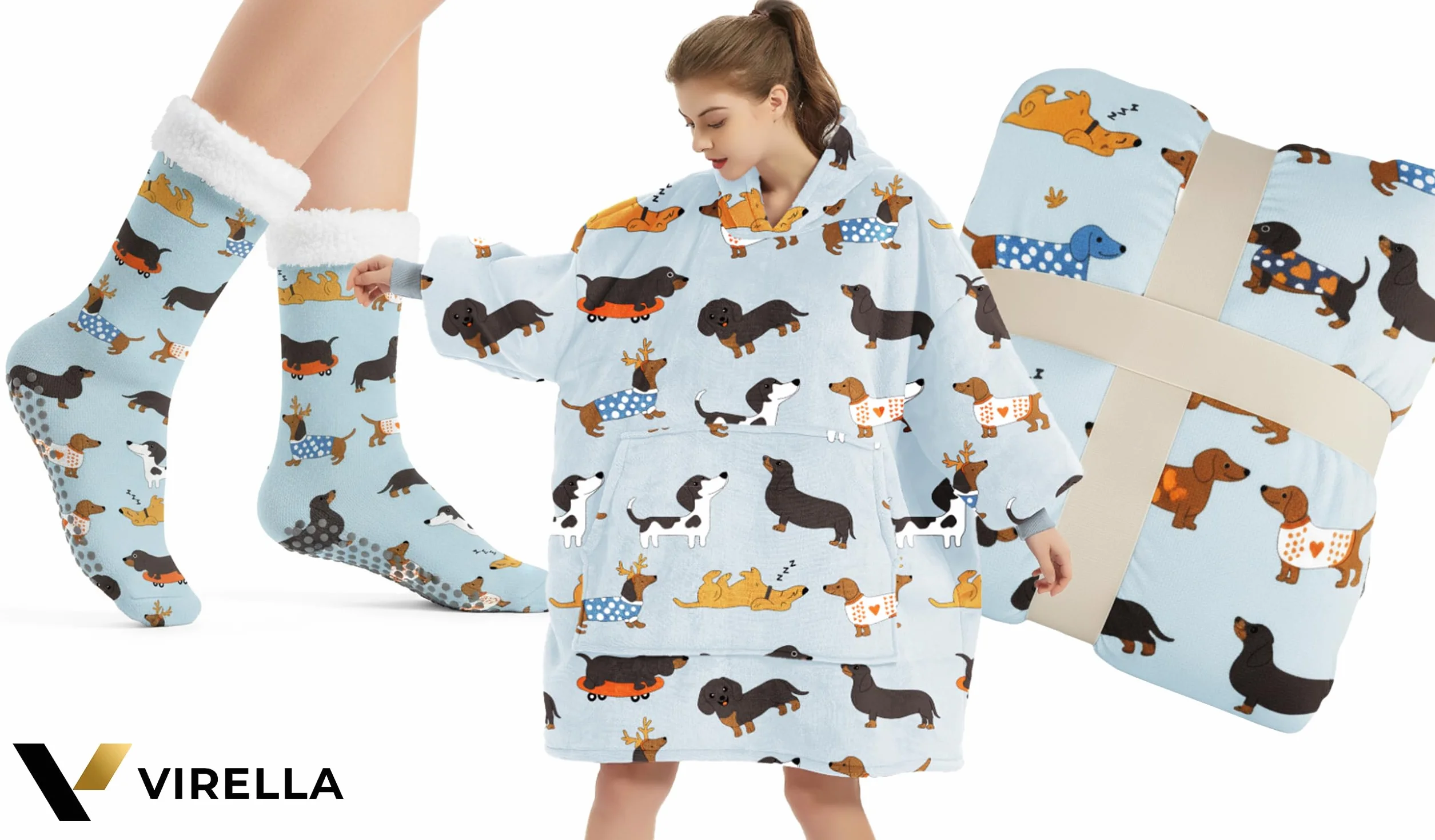 VIRELLA Kocobluza Oversize Dwuwarstwowa Polar XXL + Sherpa z Kapturem i Kieszenią – Gruba Bluza Koc Unisex