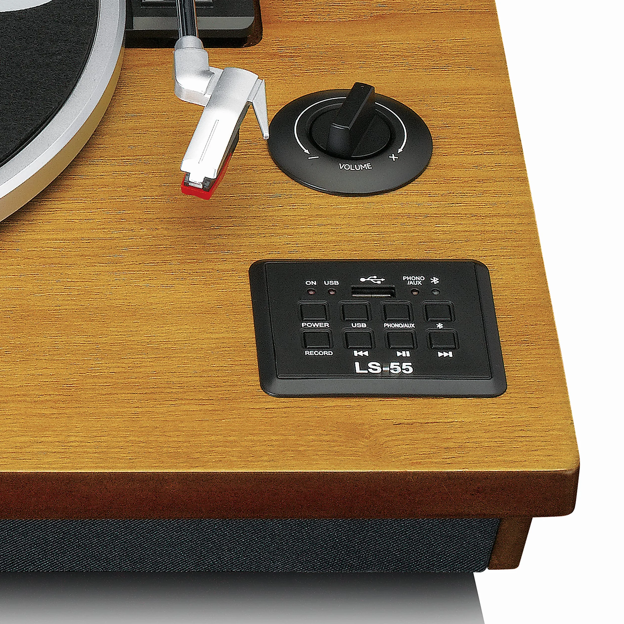 Gramofon Lenco LS-55 ze zintegrowanymi głośnikami - Odbiór Bluetooth - Bezpośrednie kodowanie MP3 na nośnik pamięci - 2 x 5 W RMS - Wejście USB - AUX - Brązowy