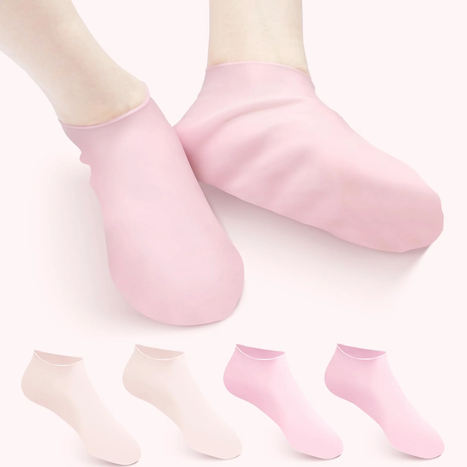 2 Pary Silikonowe Skarpetki do Pedicure, Skarpetki Nawilzajace Spa dla Kobiet Miekkie Skarpetki Zelowe do Stóp na Suche Popekane Piety Stopy Palce (Rózowy, Bezowy)