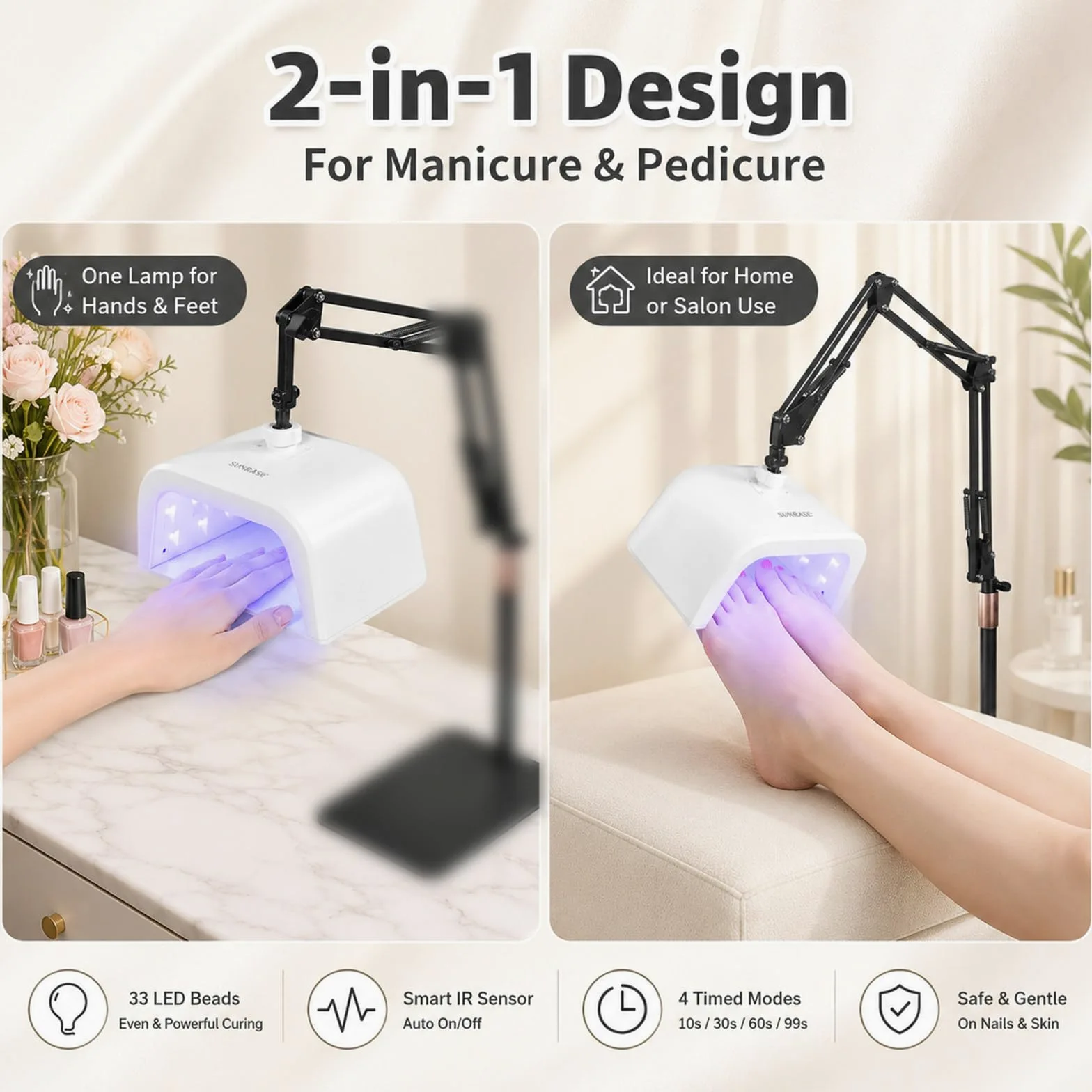 Lampa do Pedicure ze Stojakiem, Lampa UV LED do Utwardzania Żelu | Do Salonu lub Domu, Suszarka 48 W z Akumulatorem, 33 Diody LED, 4 Timery i Obrotowy Stojak do Manicure i Pedicure