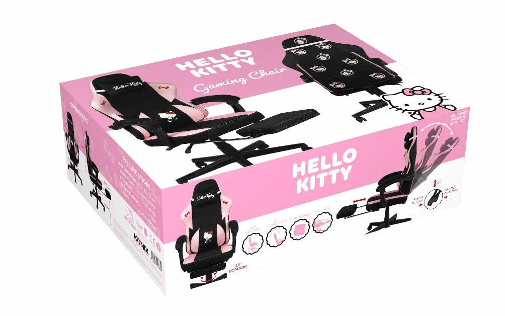 Konix Hello Kitty Gaming Krzesło biurowe 150° nachylenie drewniana metalowa rama poduszka podnóżek czarno-różowy