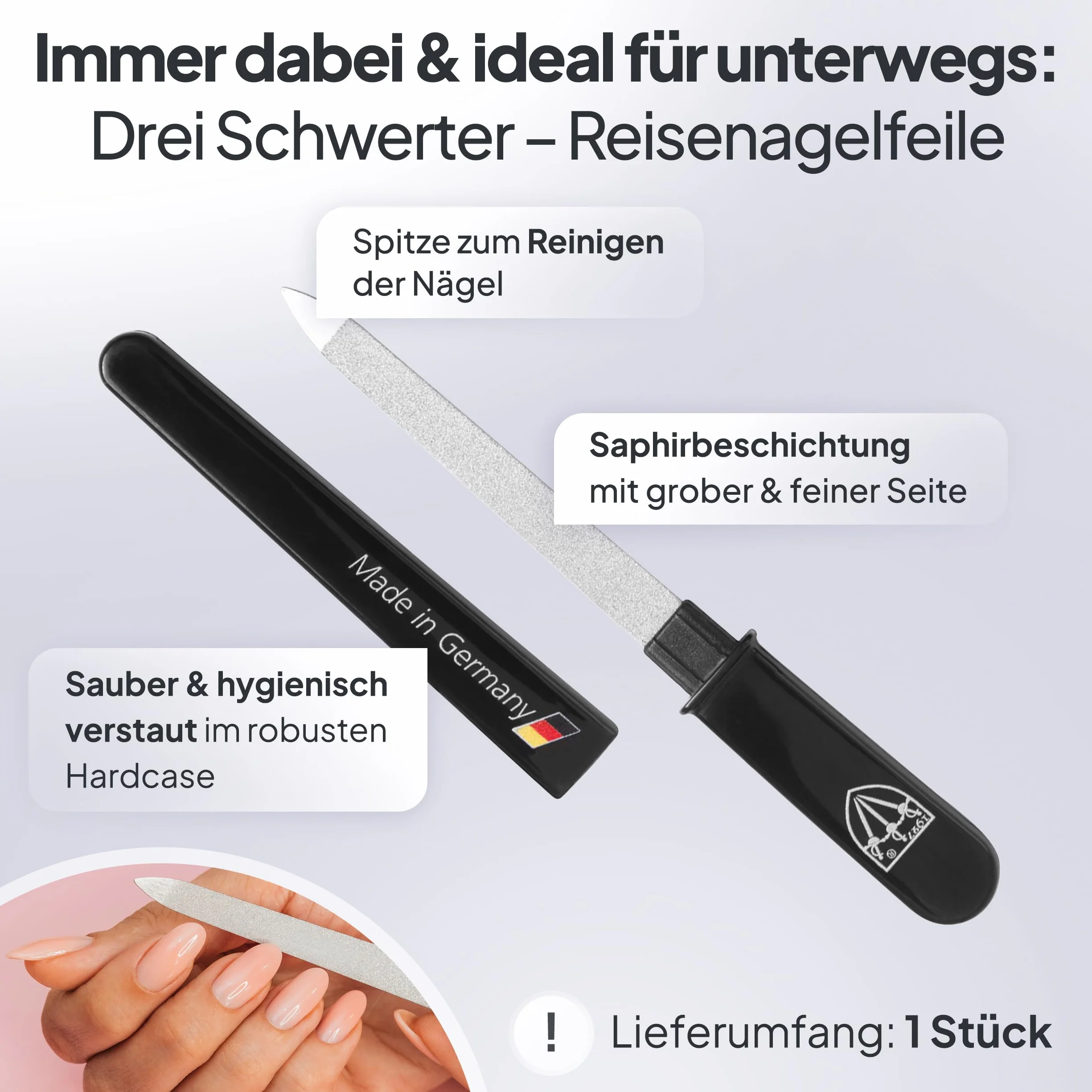 DREI SCHWERTER - Szafirowy pilnik do paznokci/pilnik kieszonkowy/pilnik do paznokci - Made in Germany - NOWY
