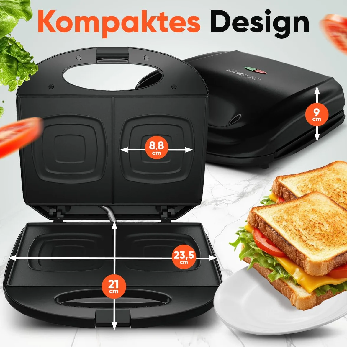 Clatronic, Urządzenie do robienia kanapek/croque-Monsieur ST3814 Czarne - kwadratowe talerze z powłoką nieprzywierającą, izolowany termicznie uchwyt, automatyczny regulator temperatury