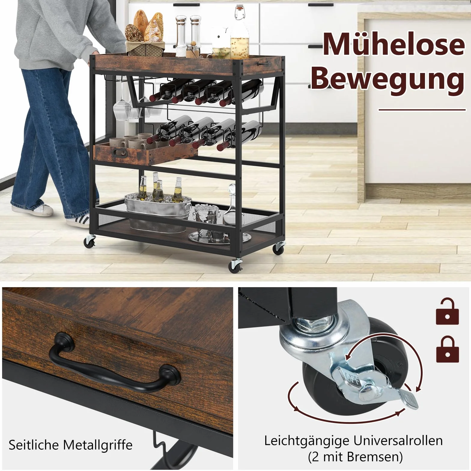 COSTWAY Wózek do serwowania ze zdejmowaną tacą, wózek kuchenny 3 poziomy, wózek z uchwytem na szkło i regałem na wino, wózek barowy na kółkach, wózek z napojami do kuchni, jadalni, baru, brązowy