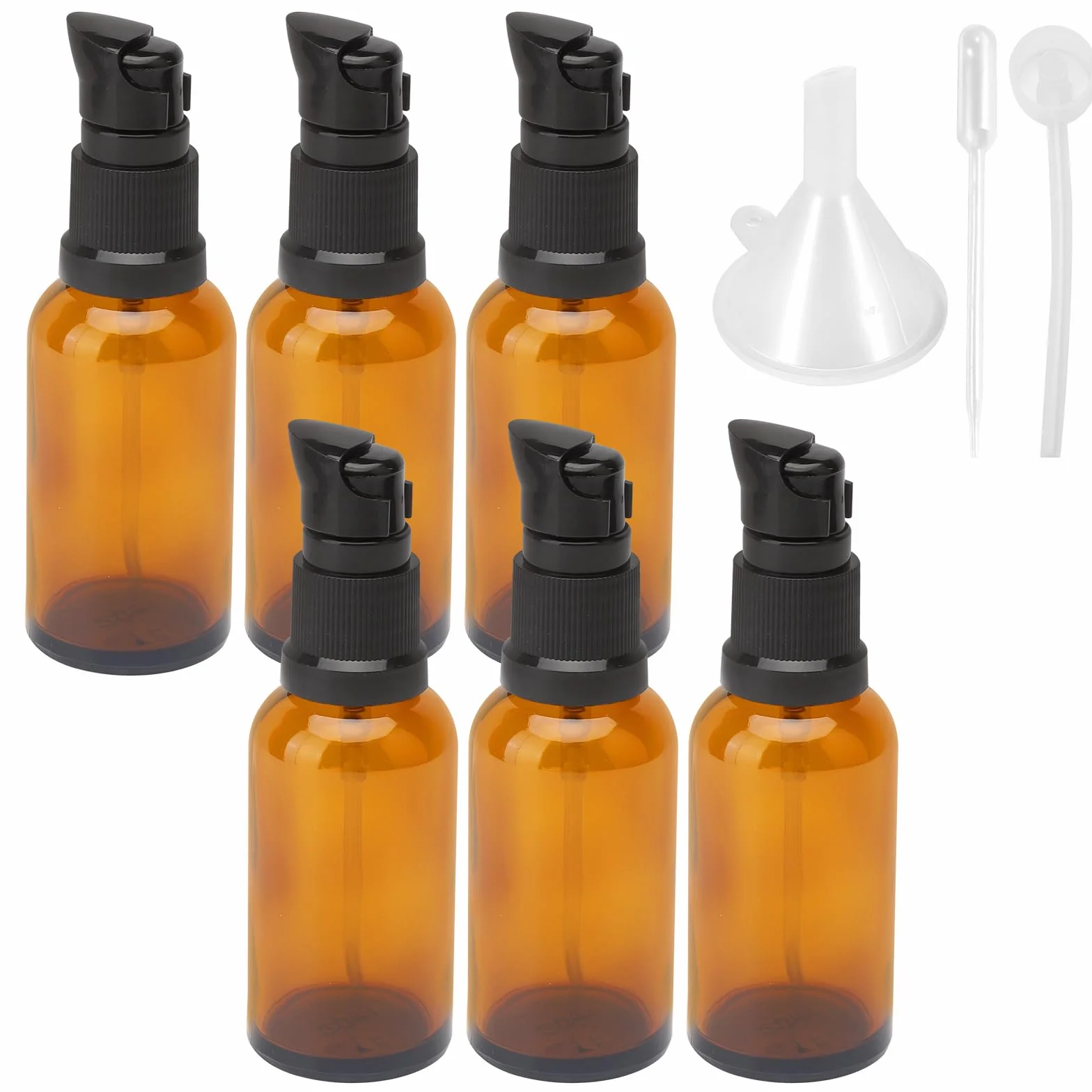 6 sztuk pustych szklanych butelek o pojemności 30 ml, brązowe bursztynowe, szklane butelki na balsam, butelki z brązowego szkła, z pompką, do balsamu, serum i kremu