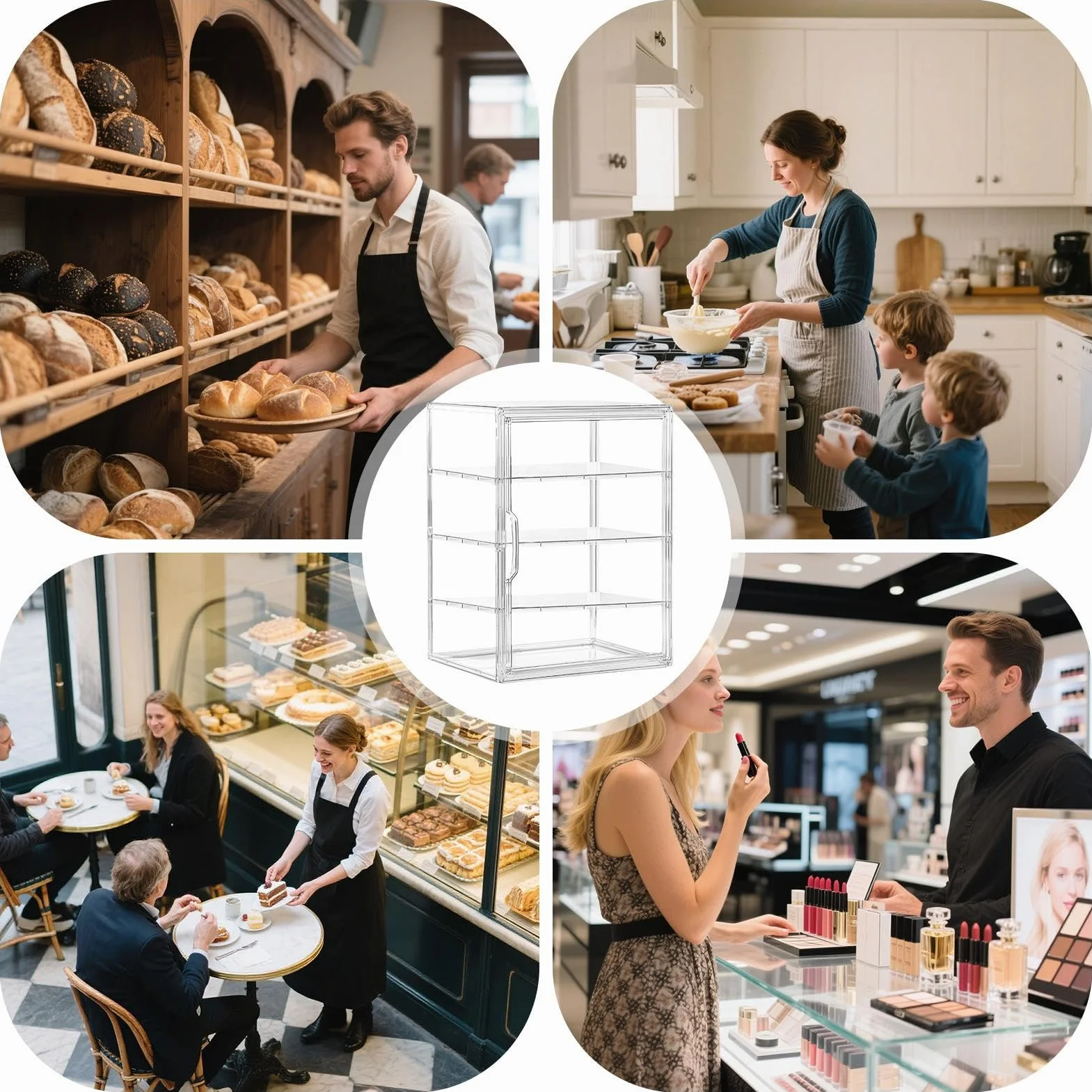 Acrylic Pastry Display Box, Clear 4-Layer Bread Organizer, Airtight Bakery Storage Case, 40x30x25cm, for Kitchen Counter, Sandwiches, Bagels, Homemade Goods Counters Organized