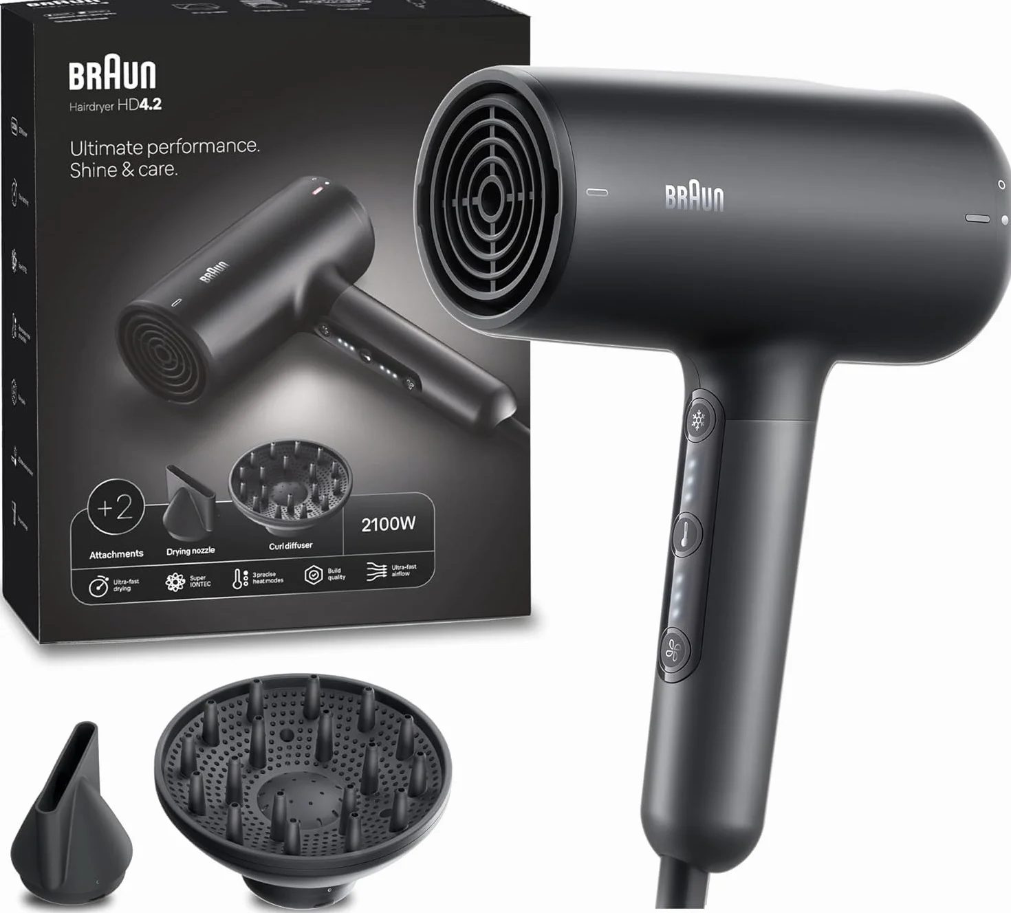 Suszarka Braun HD4.2, z dyfuzorem i 2 nasadkami, Super IONTEC, silnik HTDC 2100W, 3 ustawienia temperatury i prędkości, kolor czarny BRHD425E
