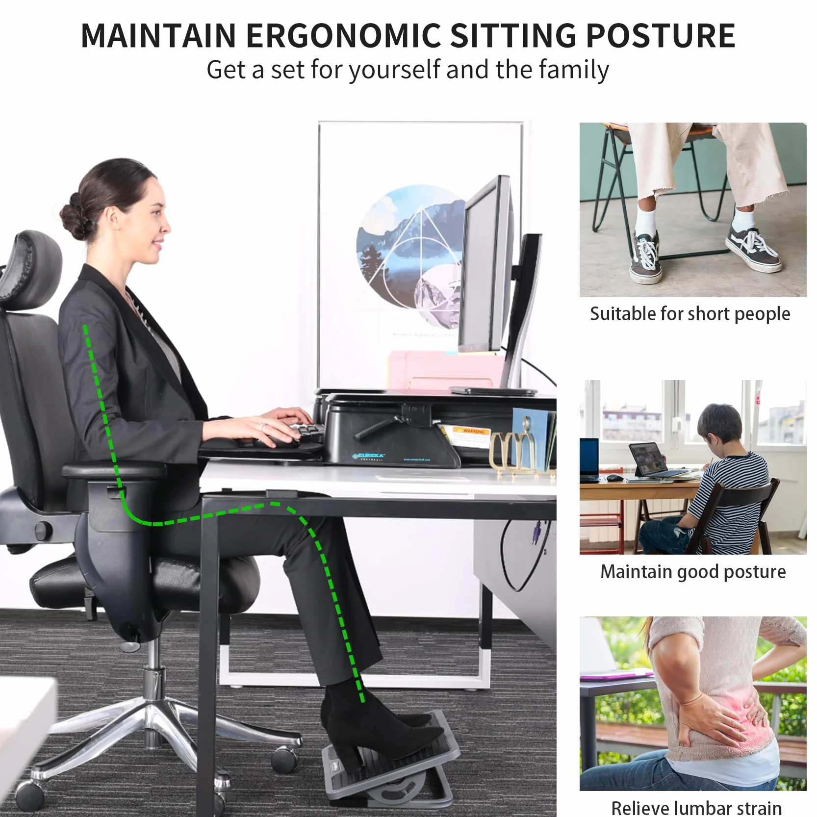 EUREKA ERGONOMIC Regulowany podnóżek z powierzchnią masującą, biurowy podnóżek pod biurkiem z metalową ramą, kąt nachylenia 20 stopni