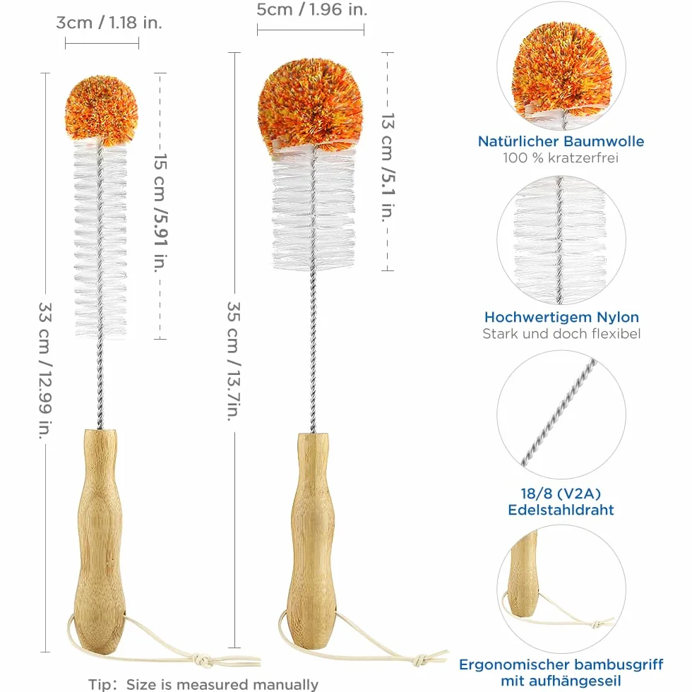 ecooe Szczotka do butelek 35 cm + 33 cm, miękki pluszowy pompon, do SodaStream i wazonów