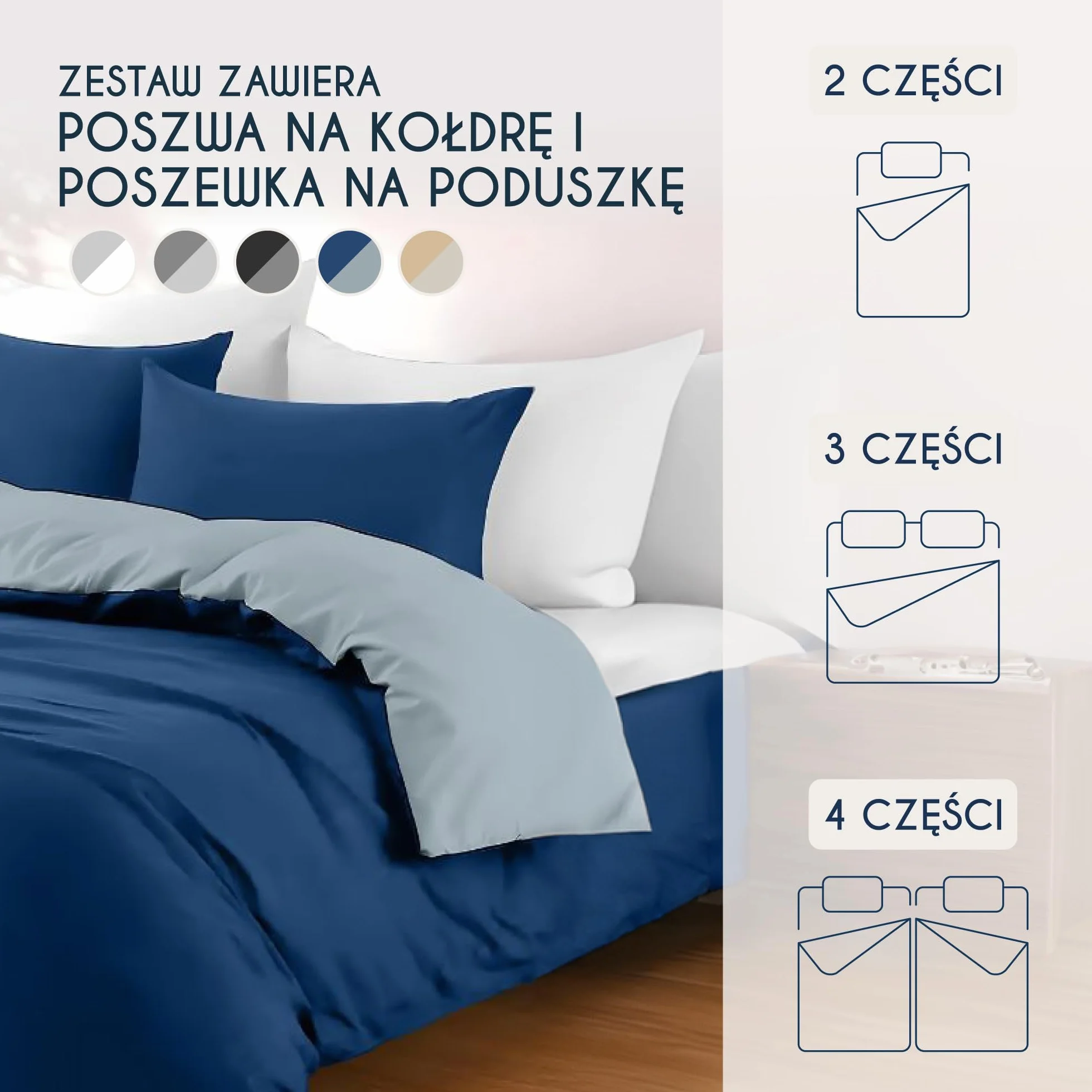 Dreamzie - Poszwa na kołdrę 240x220 cm z 2 poszewkami na poduszki 80x80 cm - Ciemnoniebieski/Niebieskoszary - Zestaw pościeli 240x220 ze 100% mikrofibry - 3 sztuki - Oeko TEX