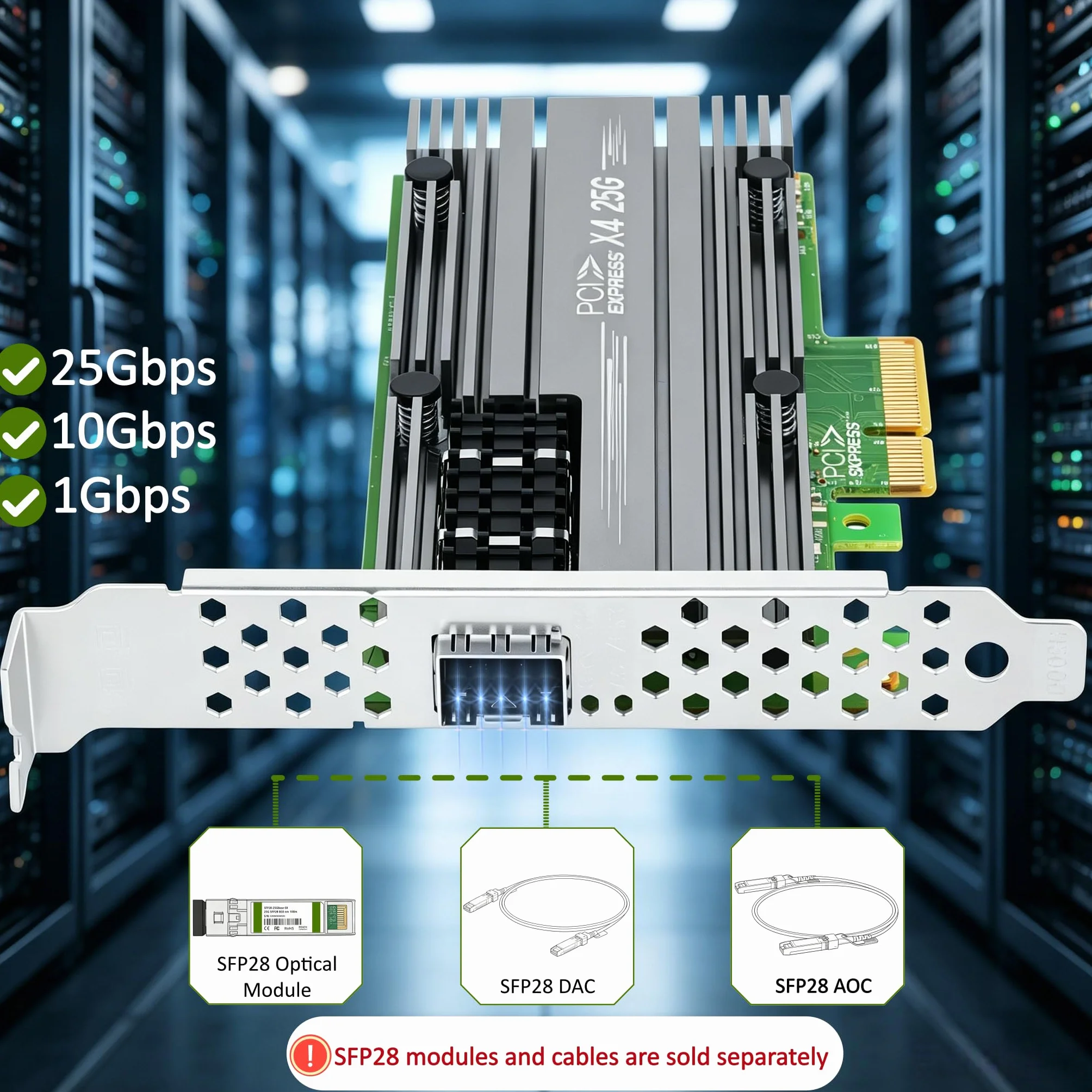 do serwera Ethernet Mellanox ConnectX4 25 GB, PCIe 3.0 X4, 1 x porty SFP28, RDMA, 25/10/1 Gb/s, 25 Gigabit NIC obsługa Windows Server/Windows/Ubuntu/Linux