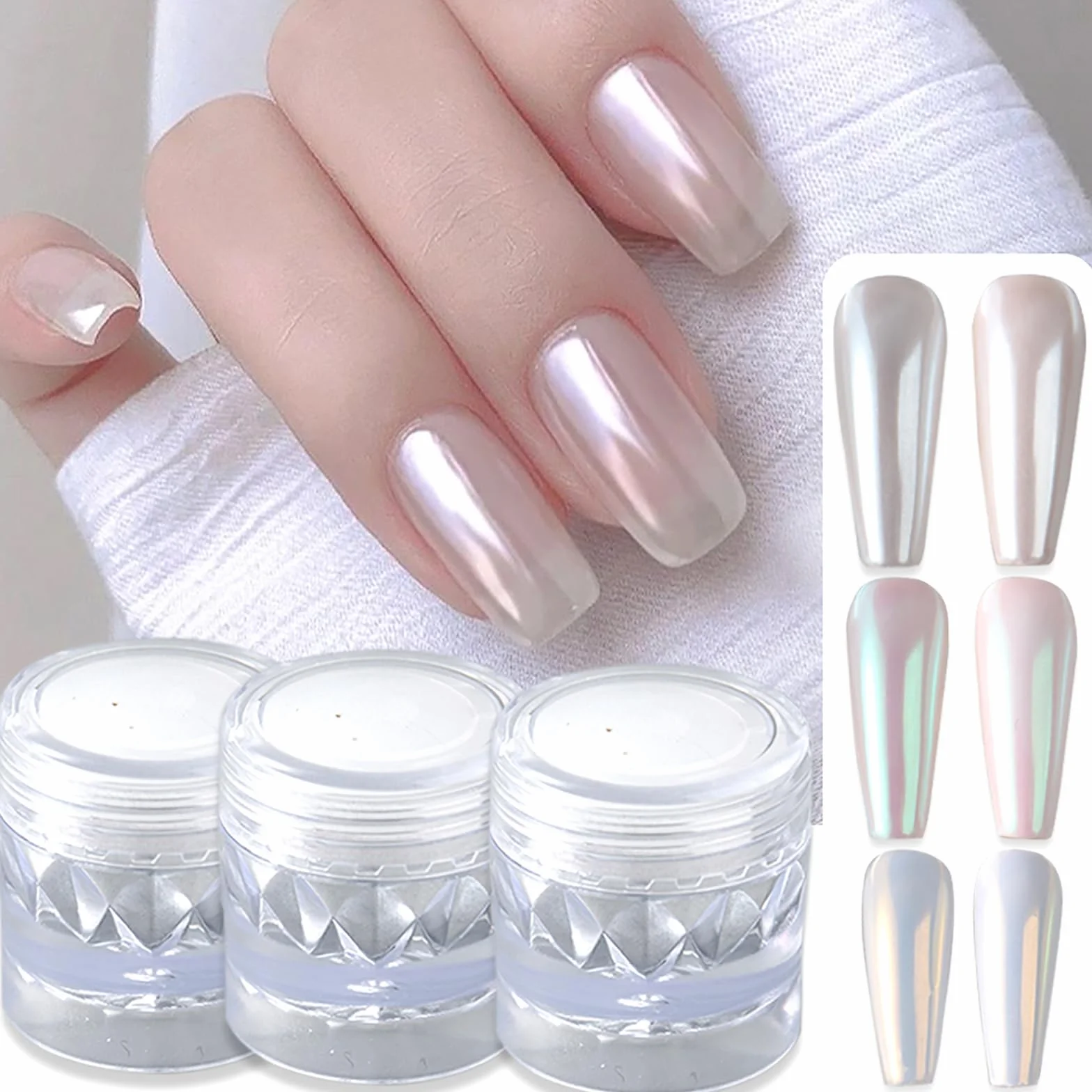 White Pearl Chrome Nail Powder Aurora Nail Powder holograficzny puder do paznokci 3 szt. lustrzany puder brokatowy
