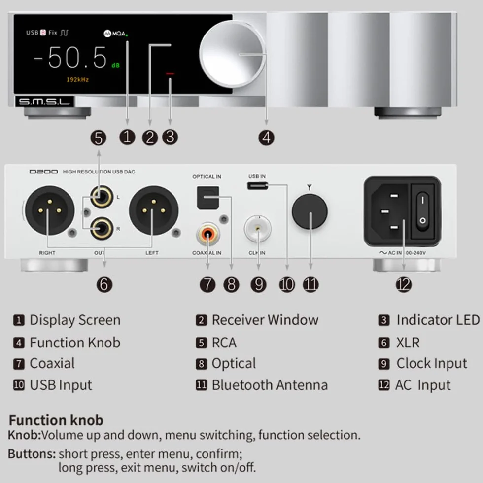 Dekoder audio SMSL D200 | wejście USB/optyczne/koncentryczne/Bluetooth | MQA/MQA - obsługa CD | ROHM BD34352EKV Chip | kompatybilny ze wzmacniaczami/wzmacniaczami słuchawkowymi/telefonami/komputerami