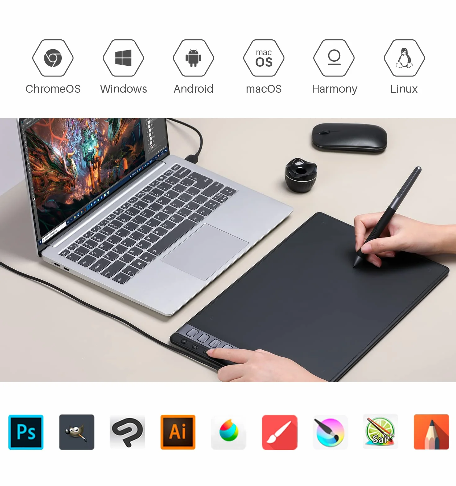 HUION Nowy Inspiroy 2 L H1061P tablet graficzny z 3 klawiszami grupowymi + przewijaczem i bezbateryjowym piórem PW110, 26,67 x 16,66 cm tablet graficzny dla Mac, Windows, Chrome OS, Harmony OS, Linux