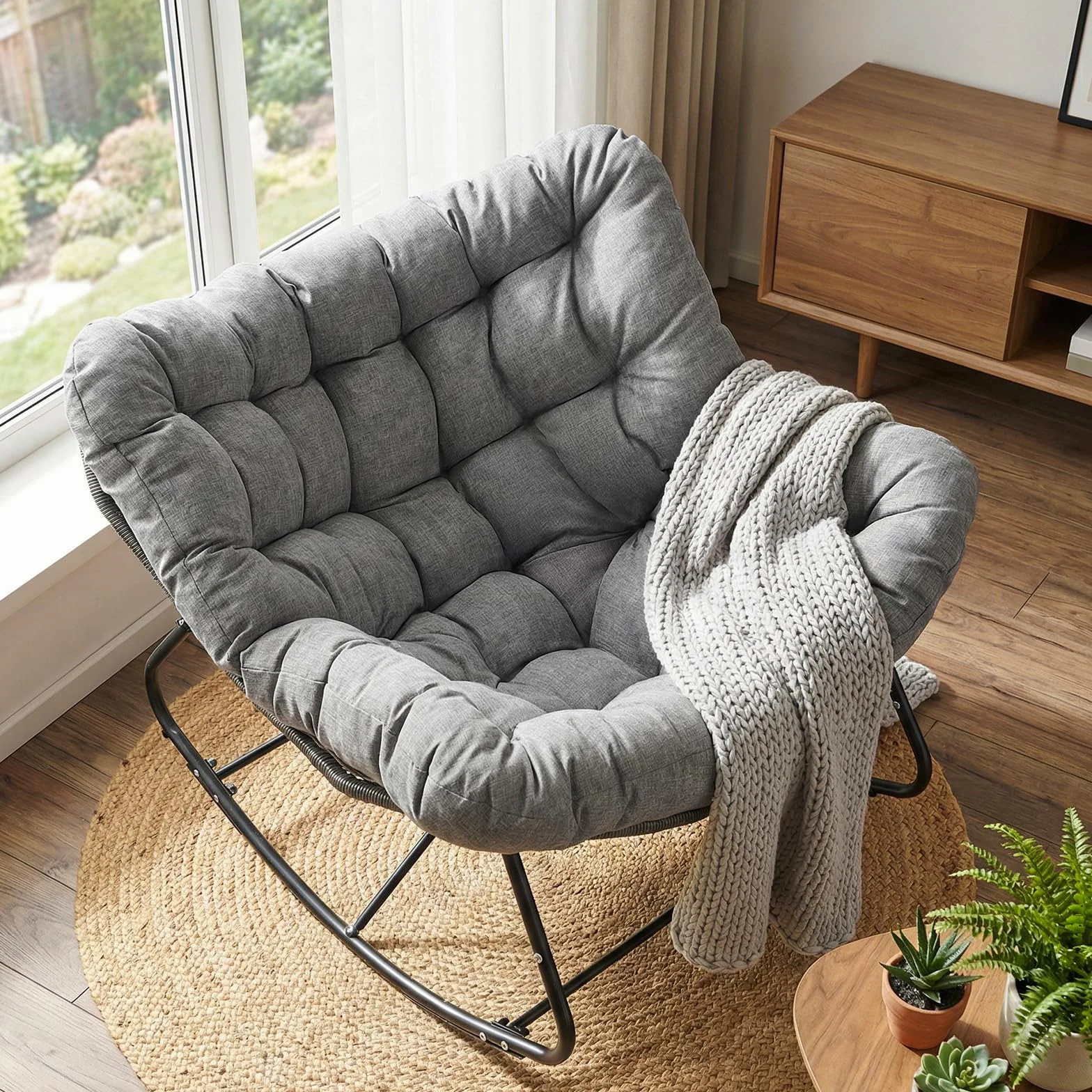 LIFERUN Fotel bujany z rattanu, fotel bujany w kształcie jajka, oversize, z grubą, zdejmowaną tapicerką i metalową ramą, obciążenie 150 kg, fotel do ogrodu, na balkon, do salonu, szary