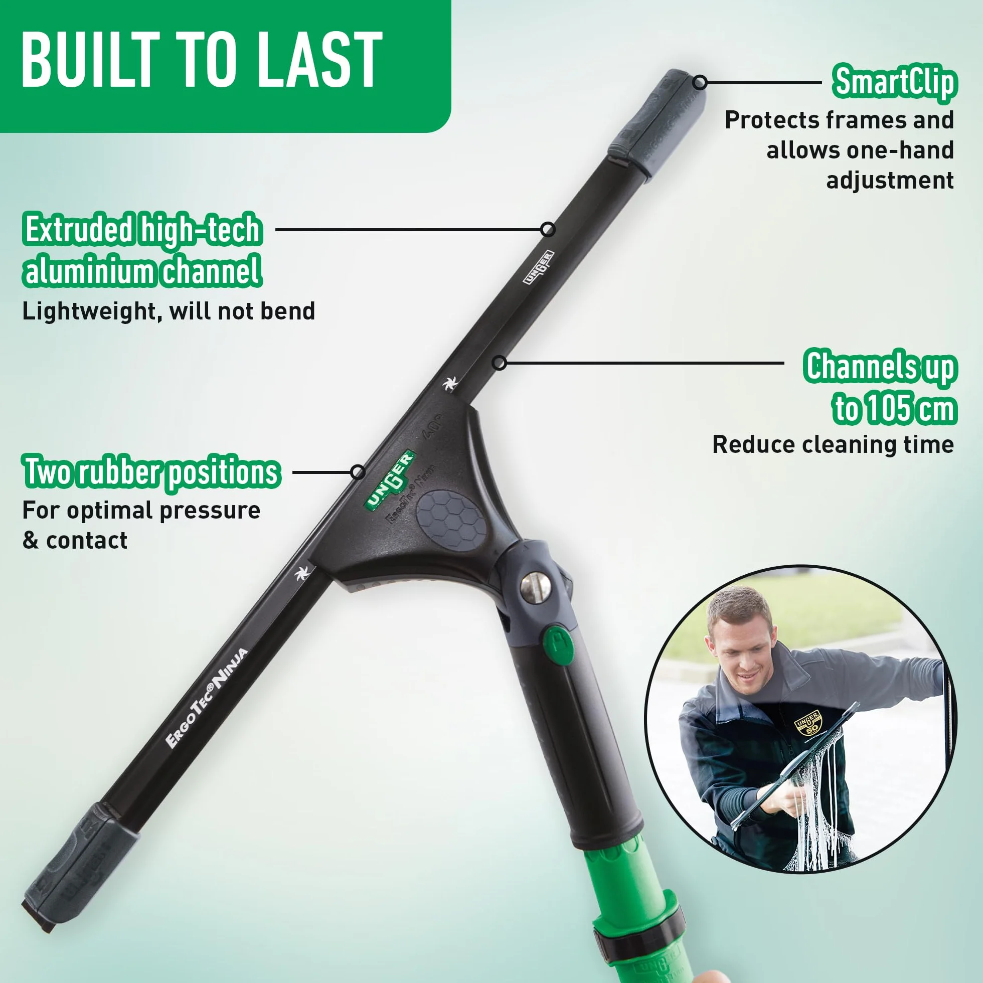 UNGER ErgoTec Ninja myjka do okien 40° (szerokość 45 cm, ergonomiczny uchwyt, z miękką gumą, dwie gumowe pozycje, ściągaczka do okien z funkcją wychylenia) EN450